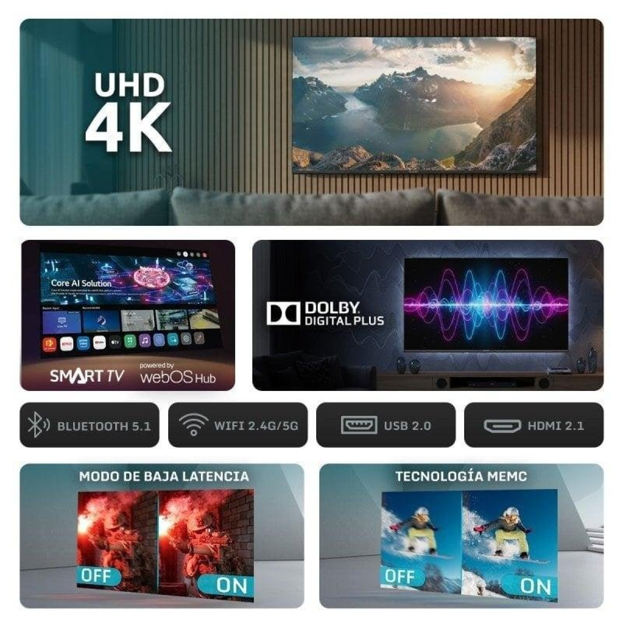 Una TV UHD 4K con Smart TV, Dolby Digital Plus, Bluetooth, WiFi, USB, HDMI 2.1.