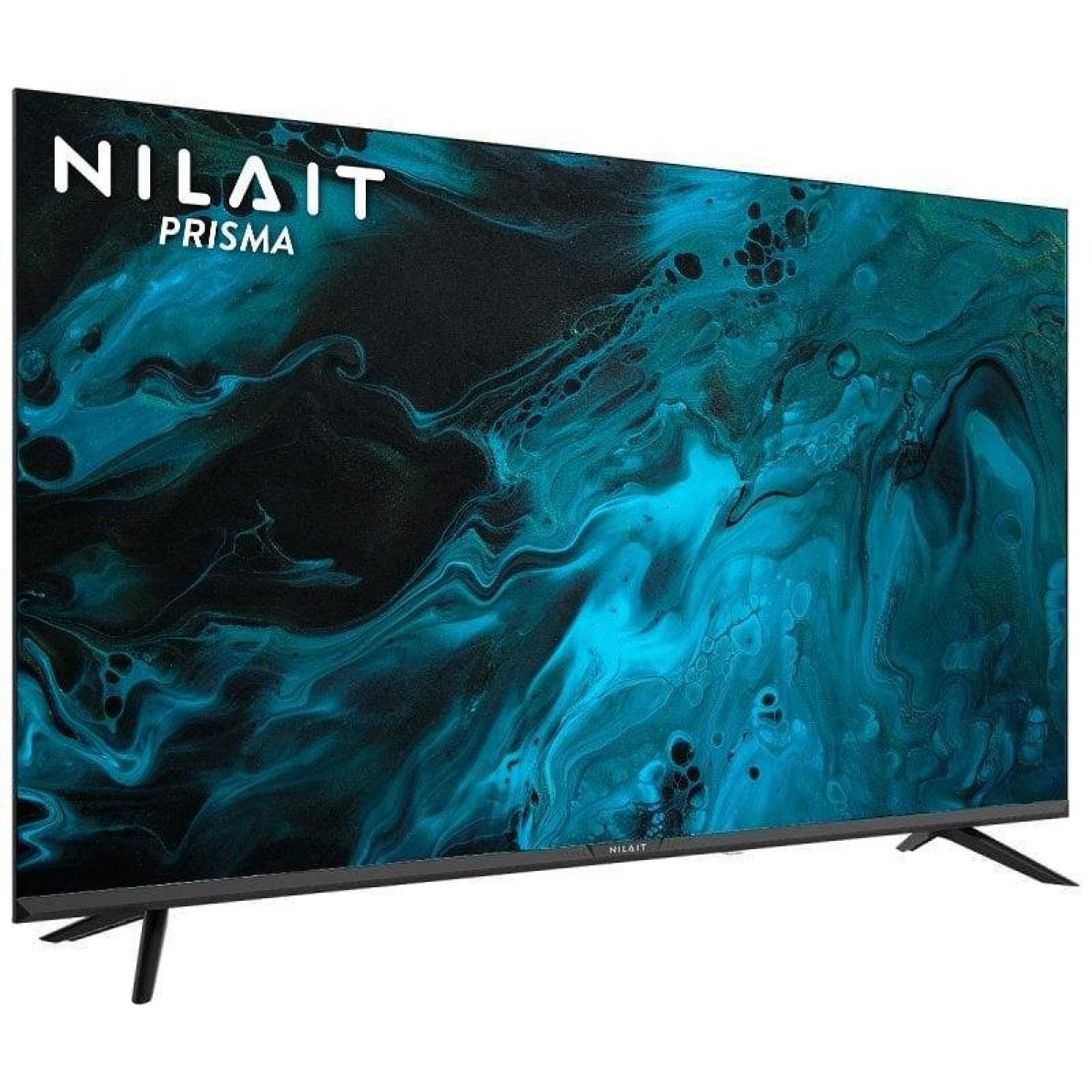 Una TV NILAIIT PRISMA con un motivo astratto blu e nero sullo schermo.