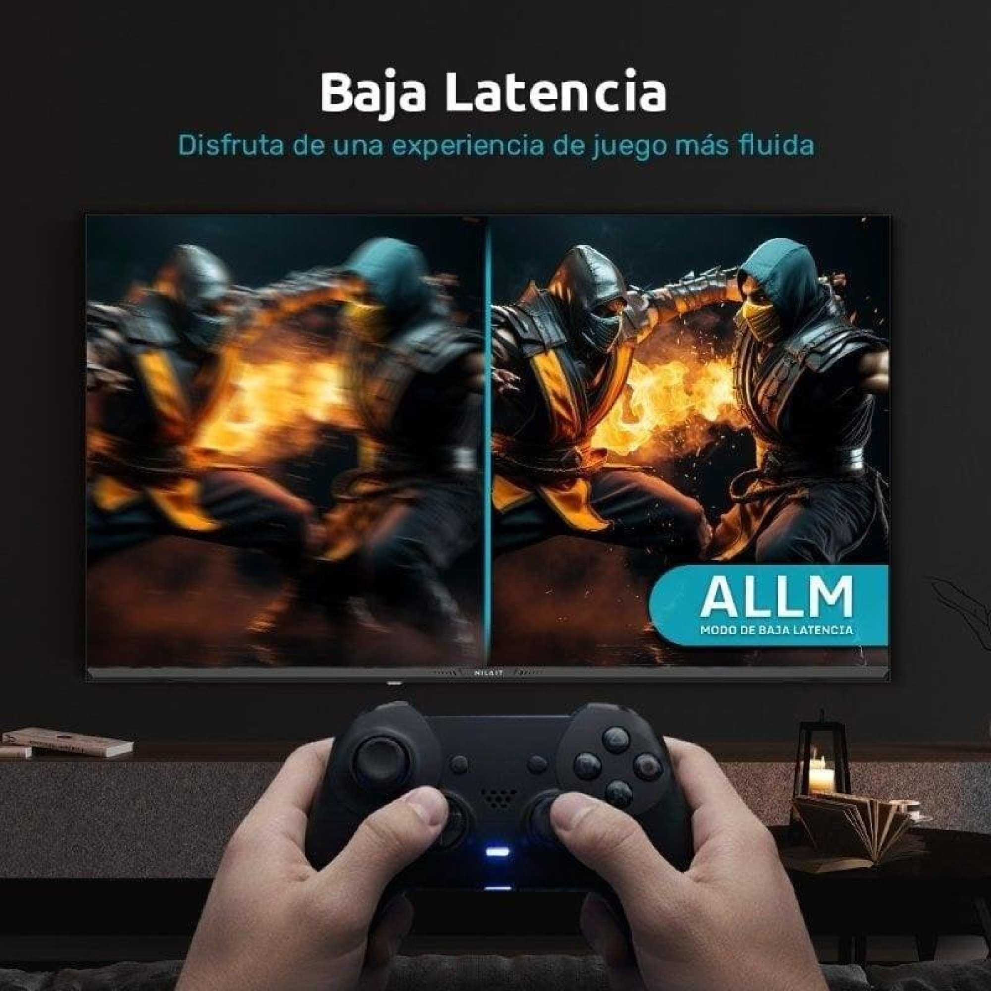 Due personaggi combattono su uno schermo diviso a metà. Logo ALLM.