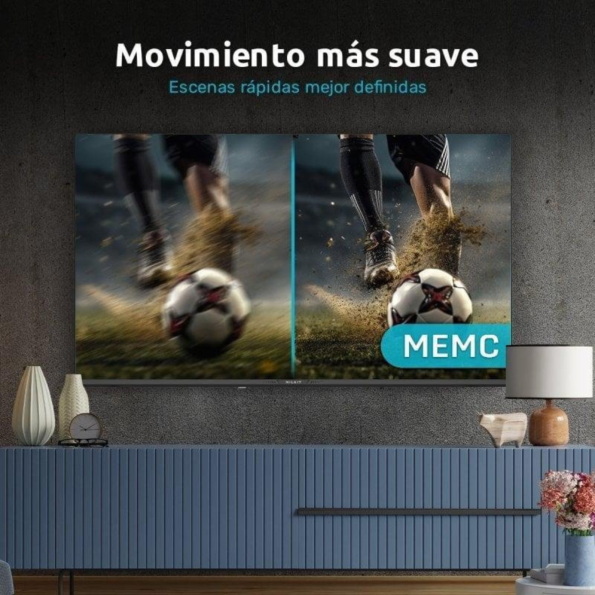 Confronto TV affiancato mostra azione calcistica con e senza tecnologia MEMC.