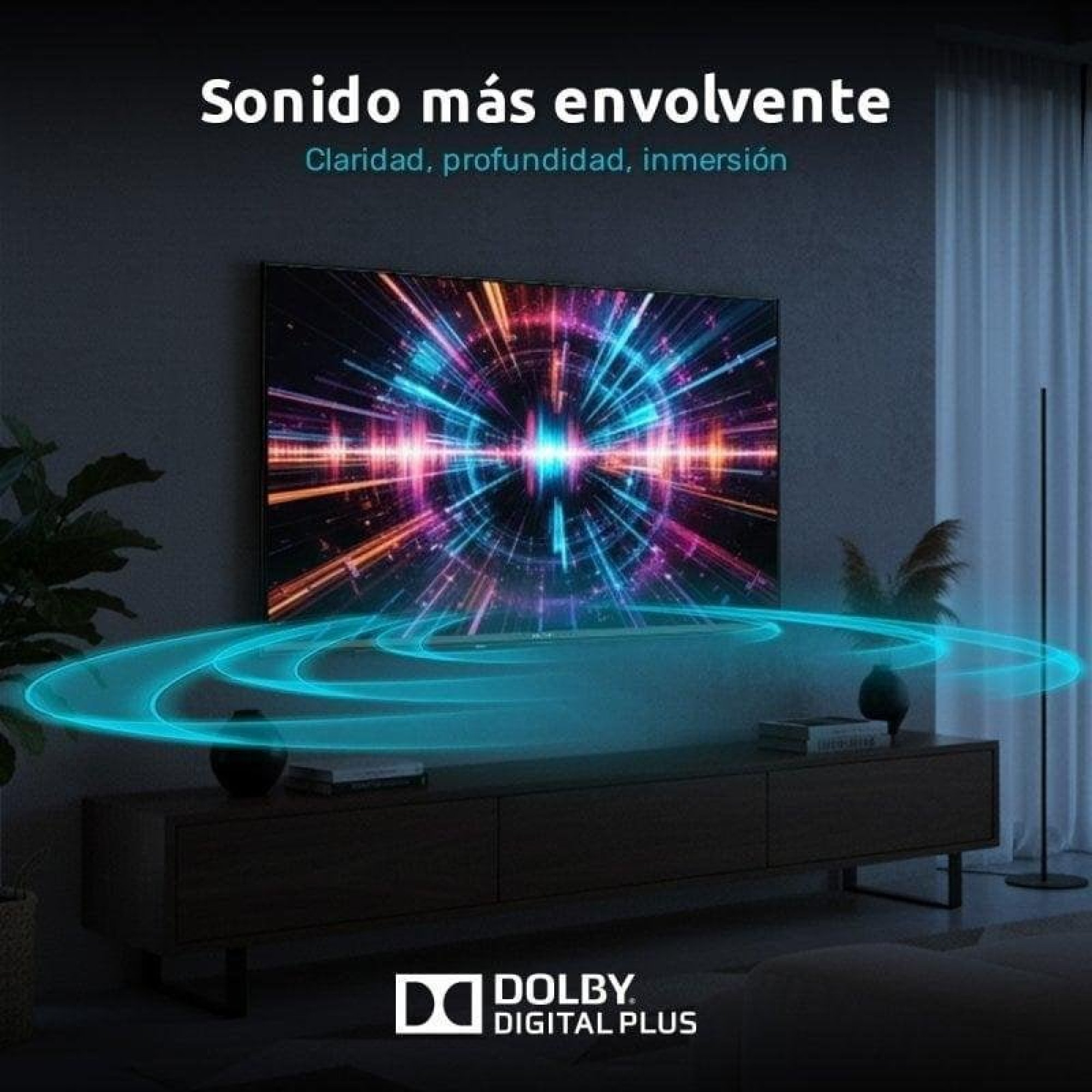 Una TV mostra un motivo di esplosione luminosa, circondato da onde sonore blu.