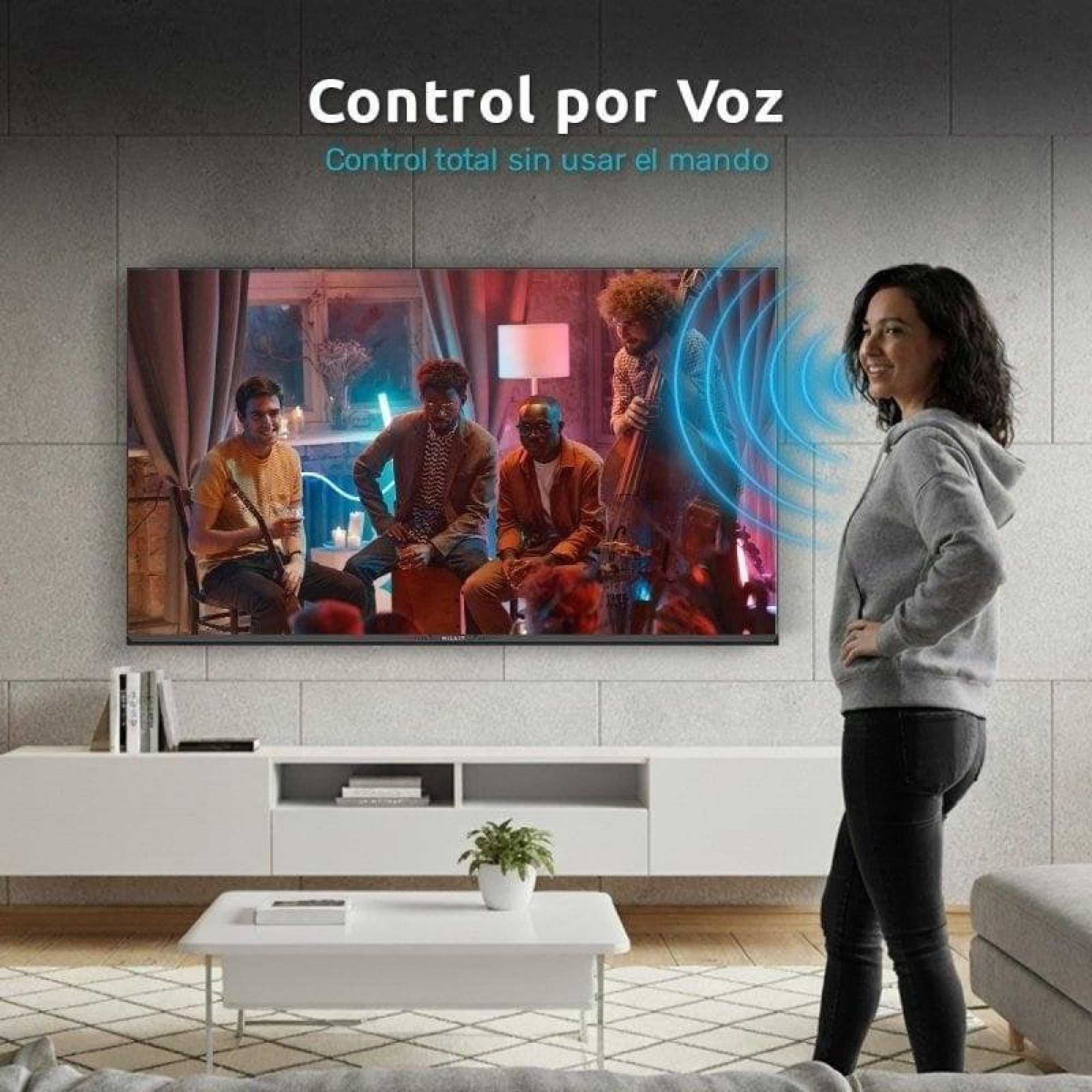 Una donna davanti a una TV con una band. Onde sonore blu visibili.