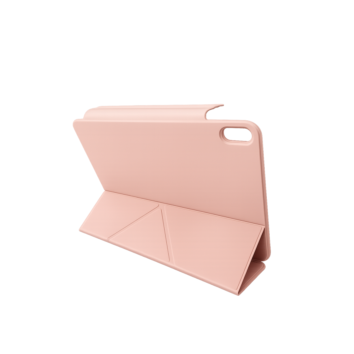 Katlanmış önü olan pembe tablet standı, siyah arka plan üzerinde.