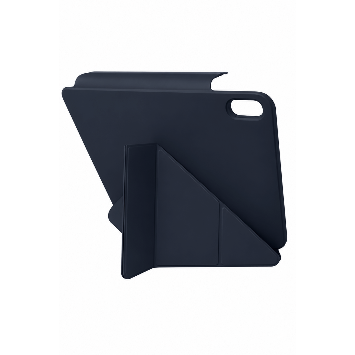 Entegre stantlı koyu mavi tablet kılıfı, beyaz arka plan.
