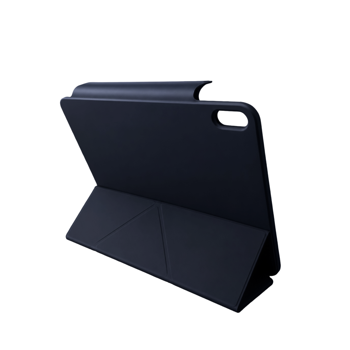 Dikey konumda, kamera kesimli koyu mavi tablet kılıfı.