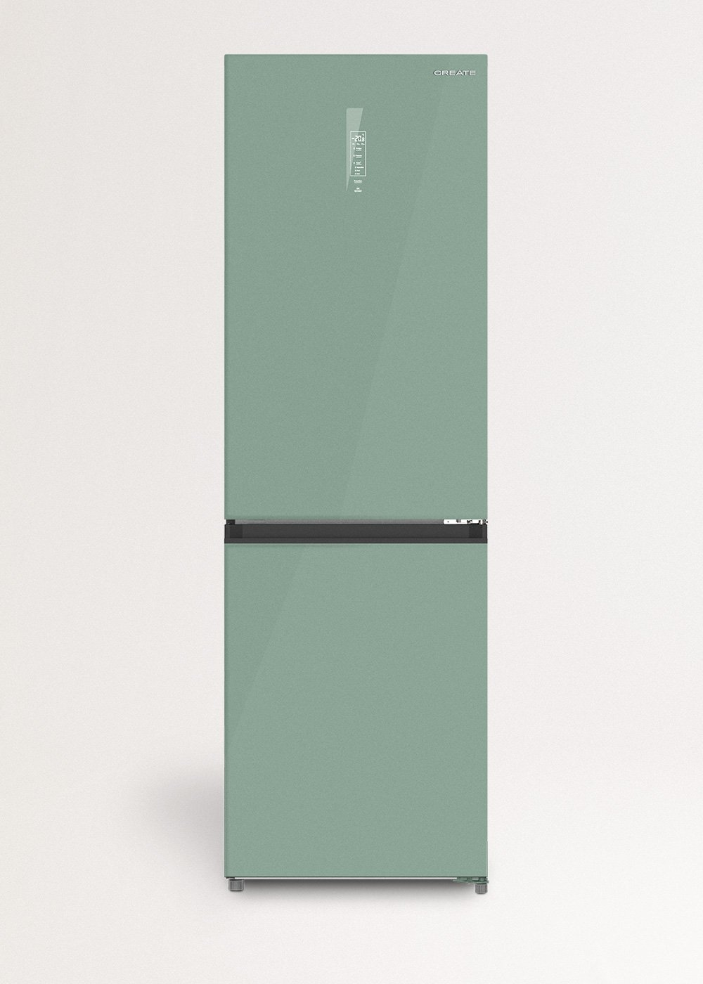 Un refrigerador verde con pantalla digital y un asa negra.