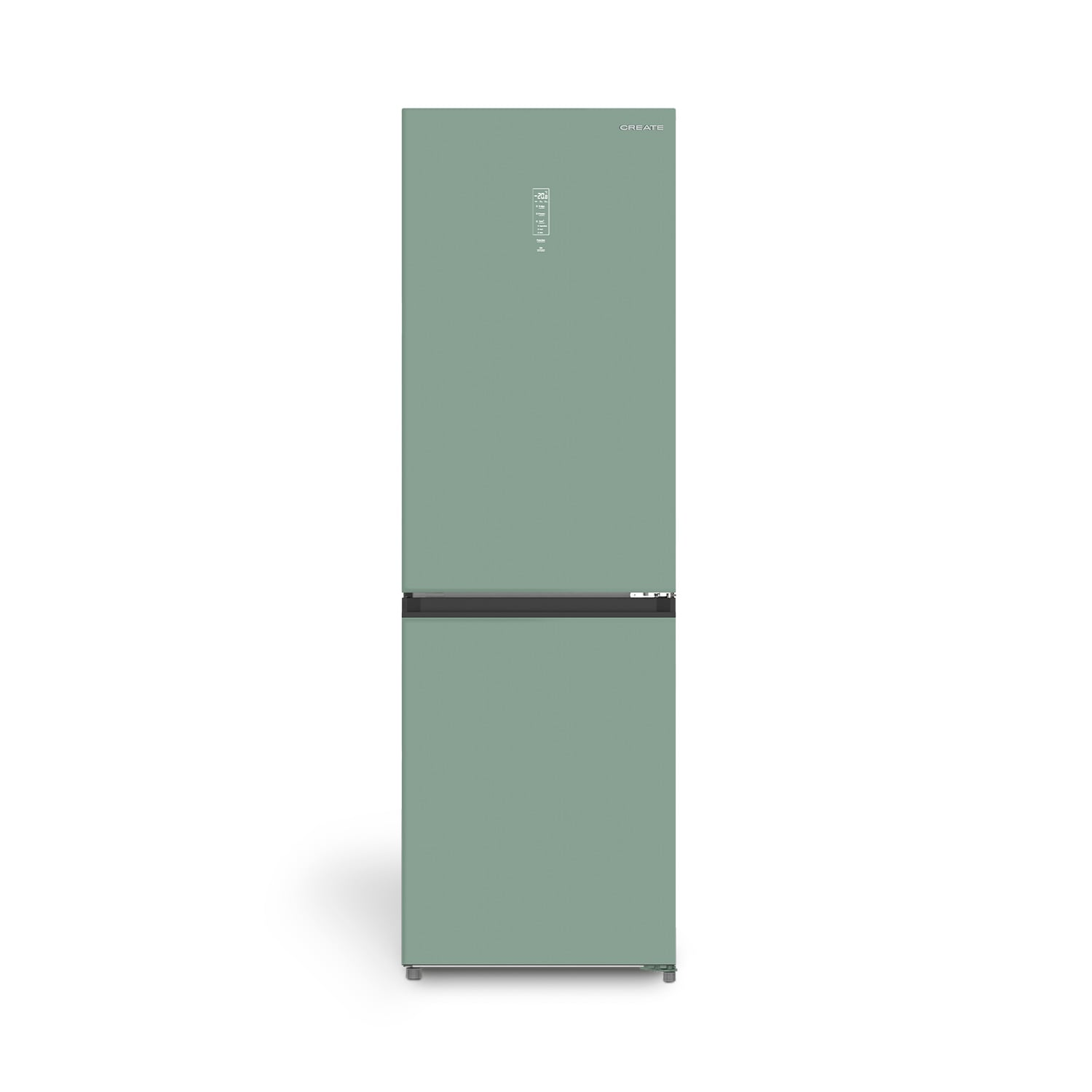 Un elegante frigorífico-congelador verde con pantalla digital y tirador plateado.