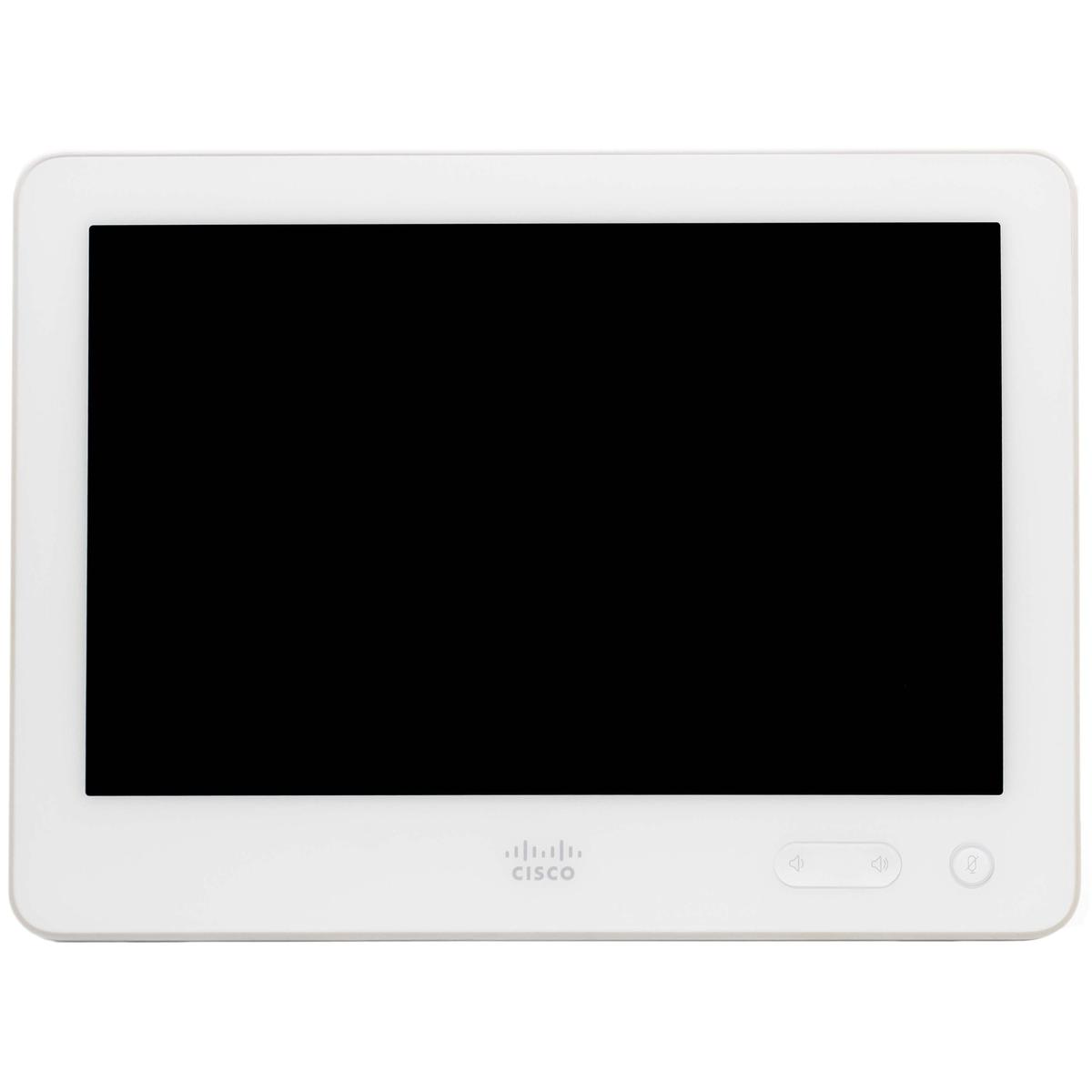 Dispositivo Cisco bianco con schermo nero e due pulsanti volume.