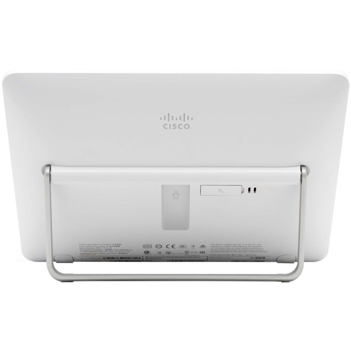 Retro di un dispositivo Cisco bianco con supporto e porte.