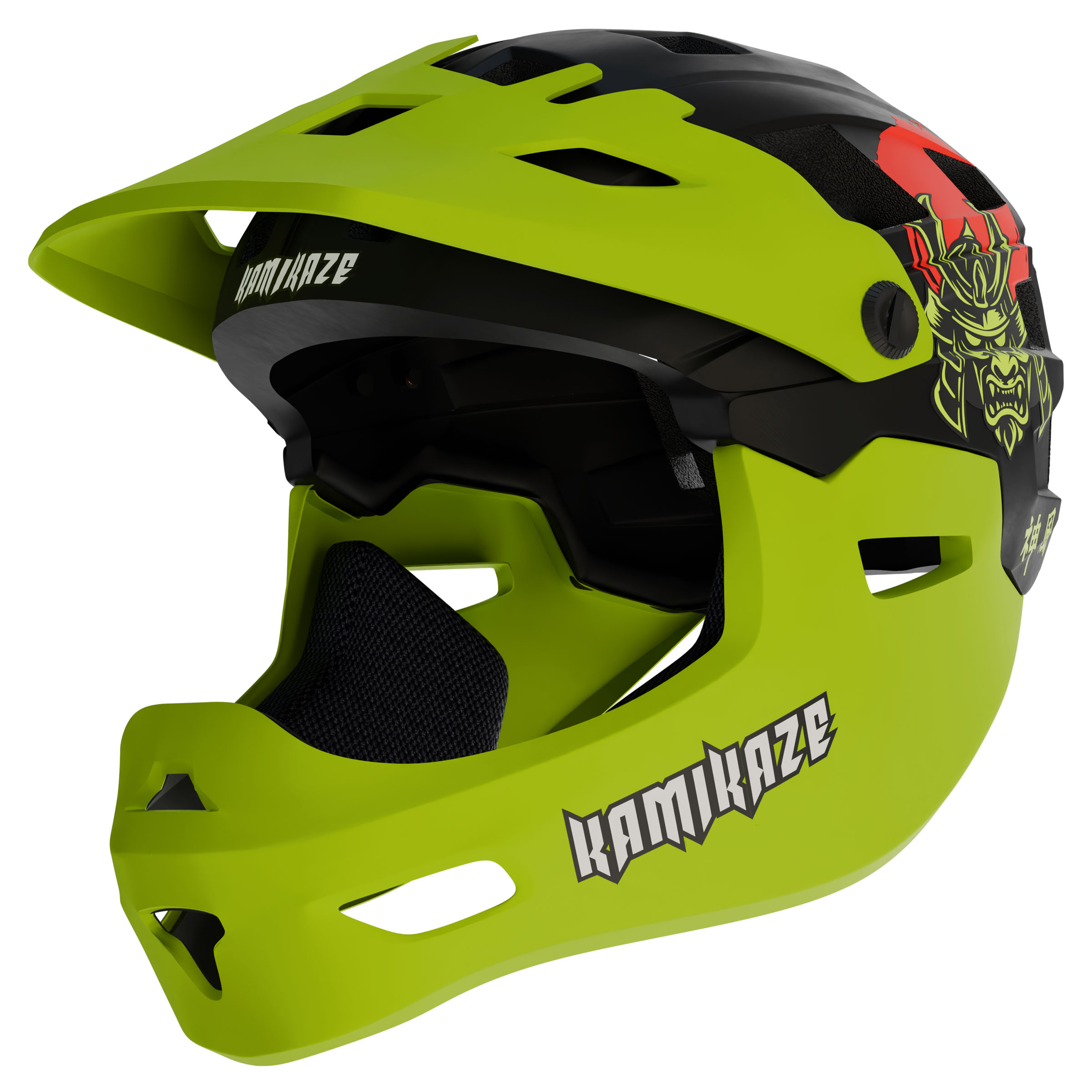 Casco integral verde brillante con visera negra y diseño de demonio japonés.