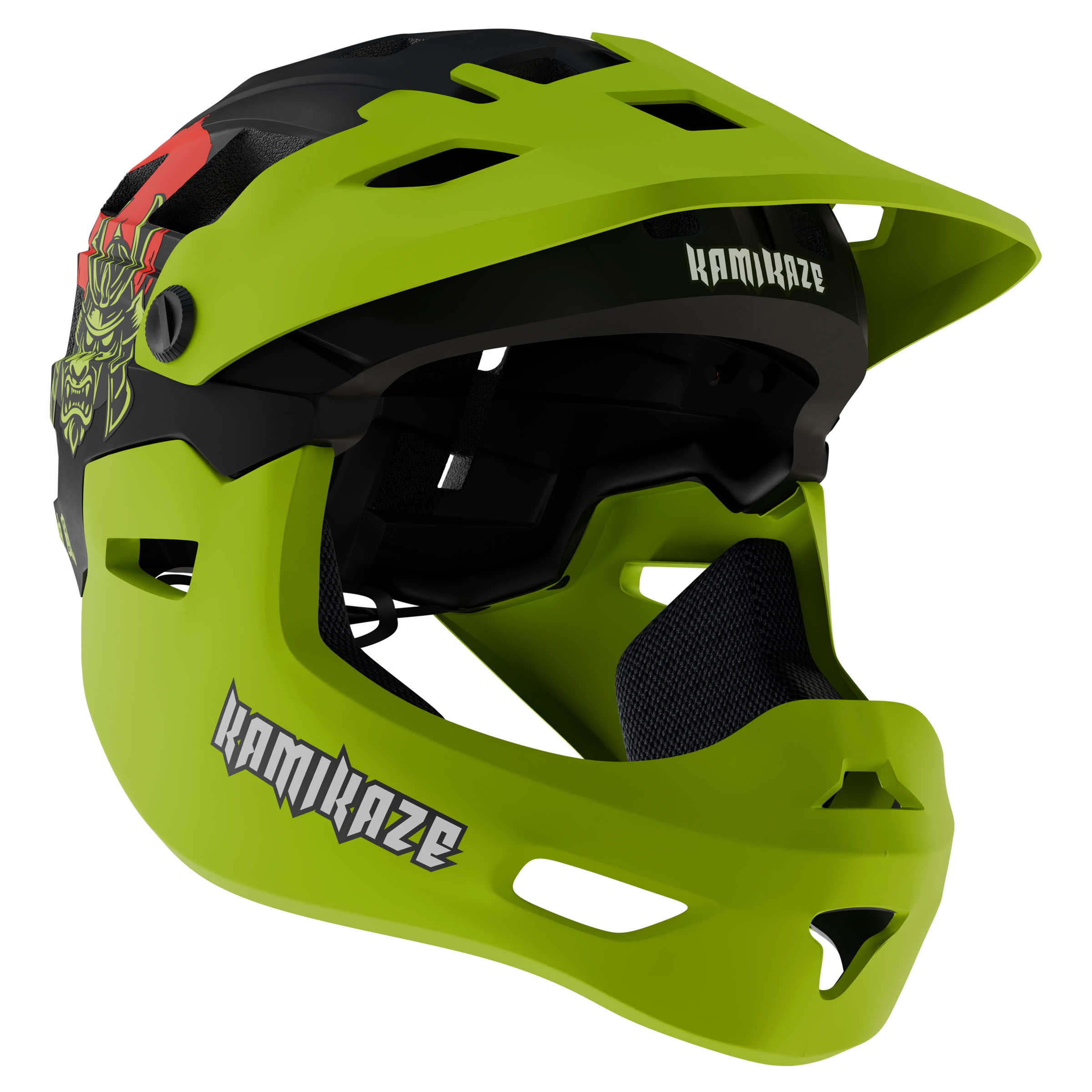 Casco de bicicleta de montaña verde brillante con visera negra y gráfico de samurái.