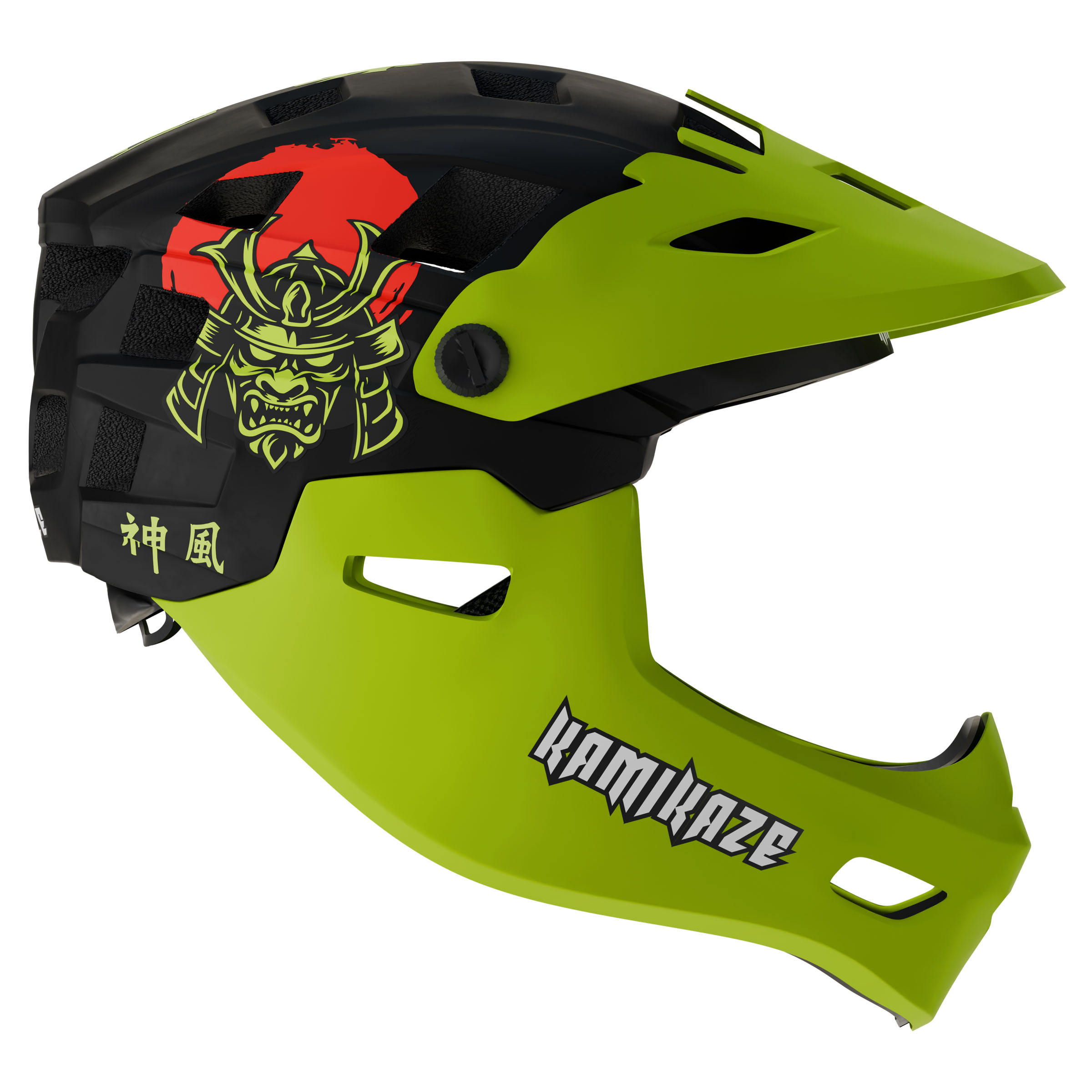 Un casco negro con gráfico de samurái y texto "KAMIKAZE" en verde lima.