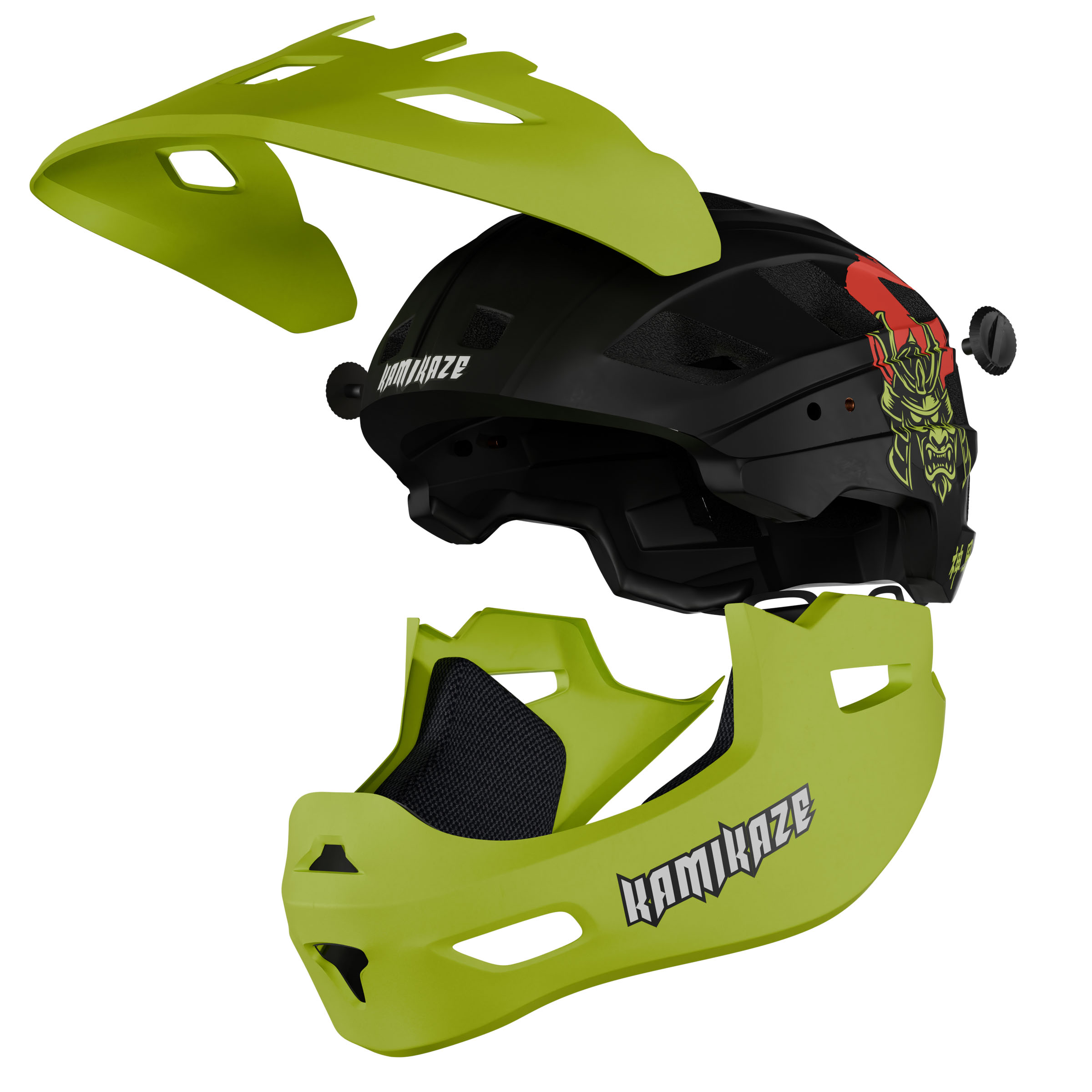 Casco negro desmontado con gráfico de samurái y partes verde lima.