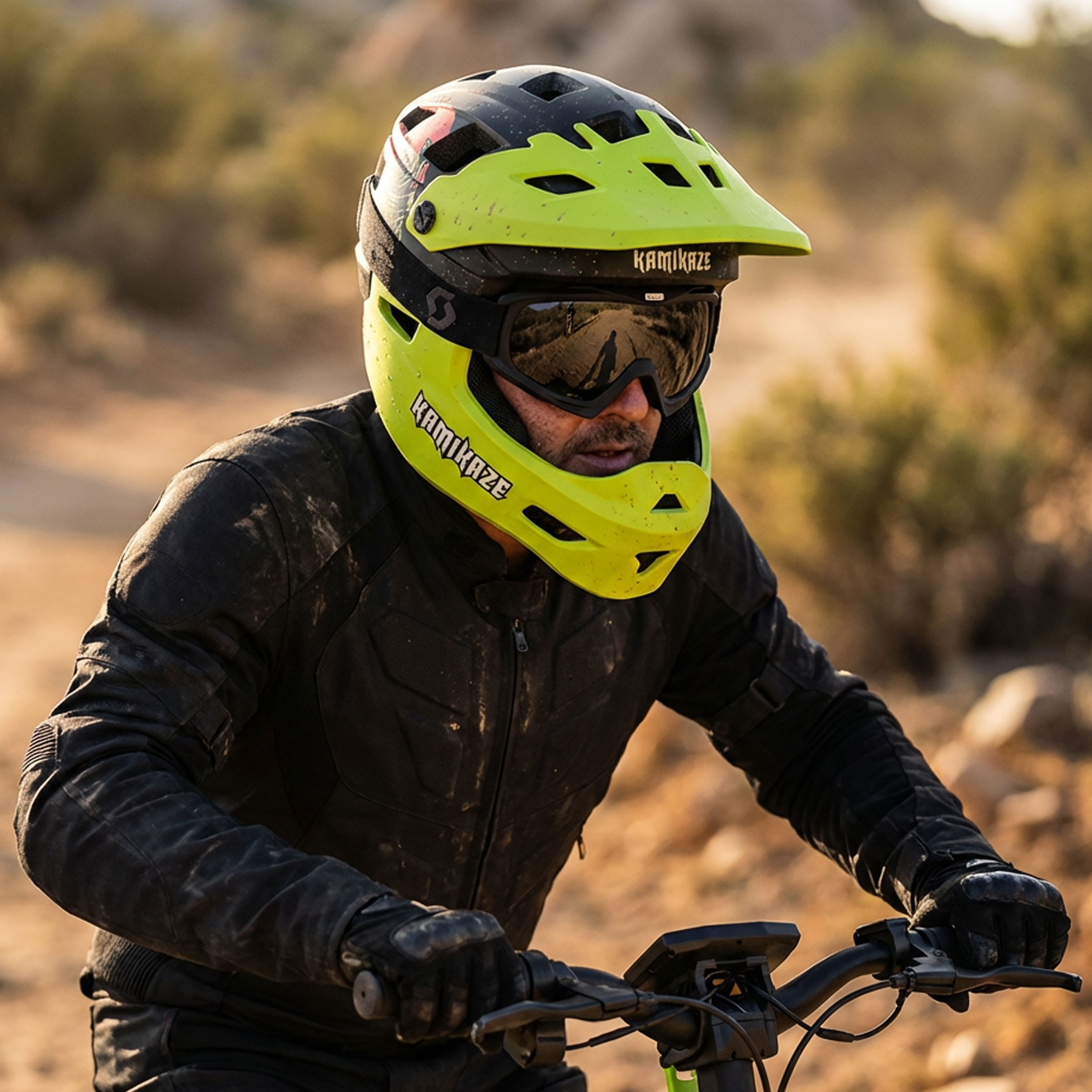 Un ciclista de montaña con casco amarillo y gafas, montando en un sendero polvoriento.