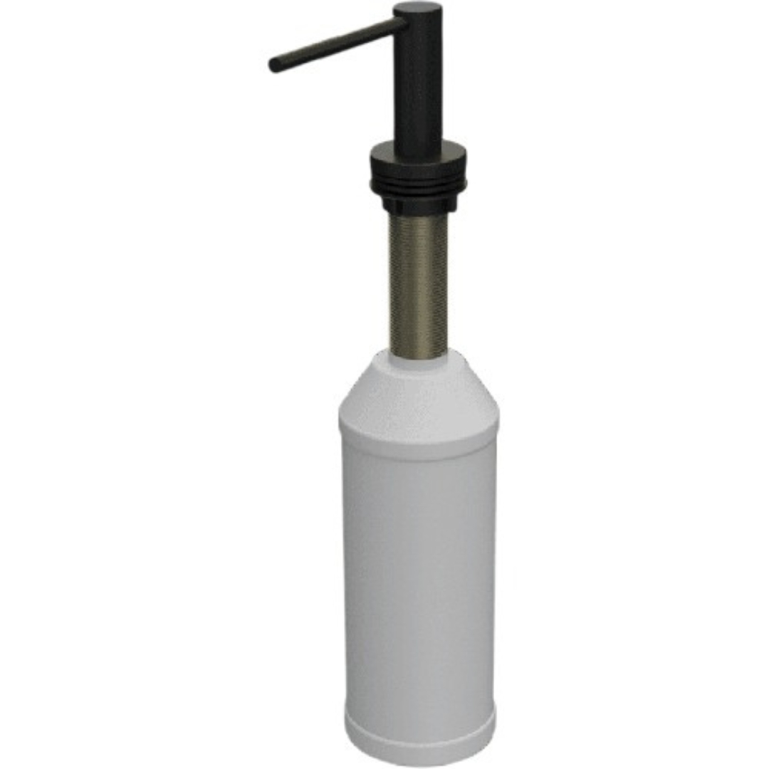 Un dispenser bianco con testina a pompa nera e collo argentato.
