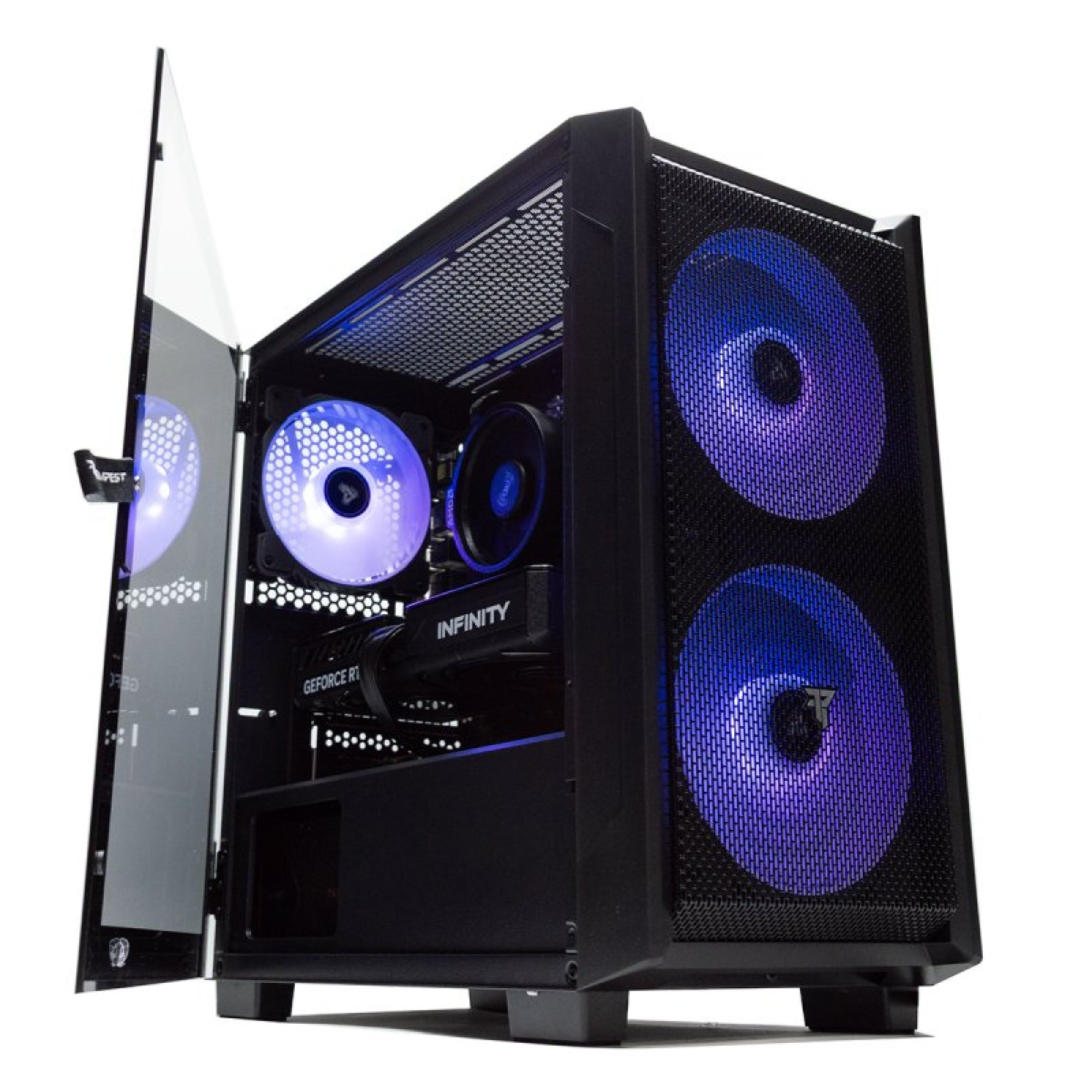Case per computer nero con porta in vetro aperta, ventole blu luminose e componenti interni.