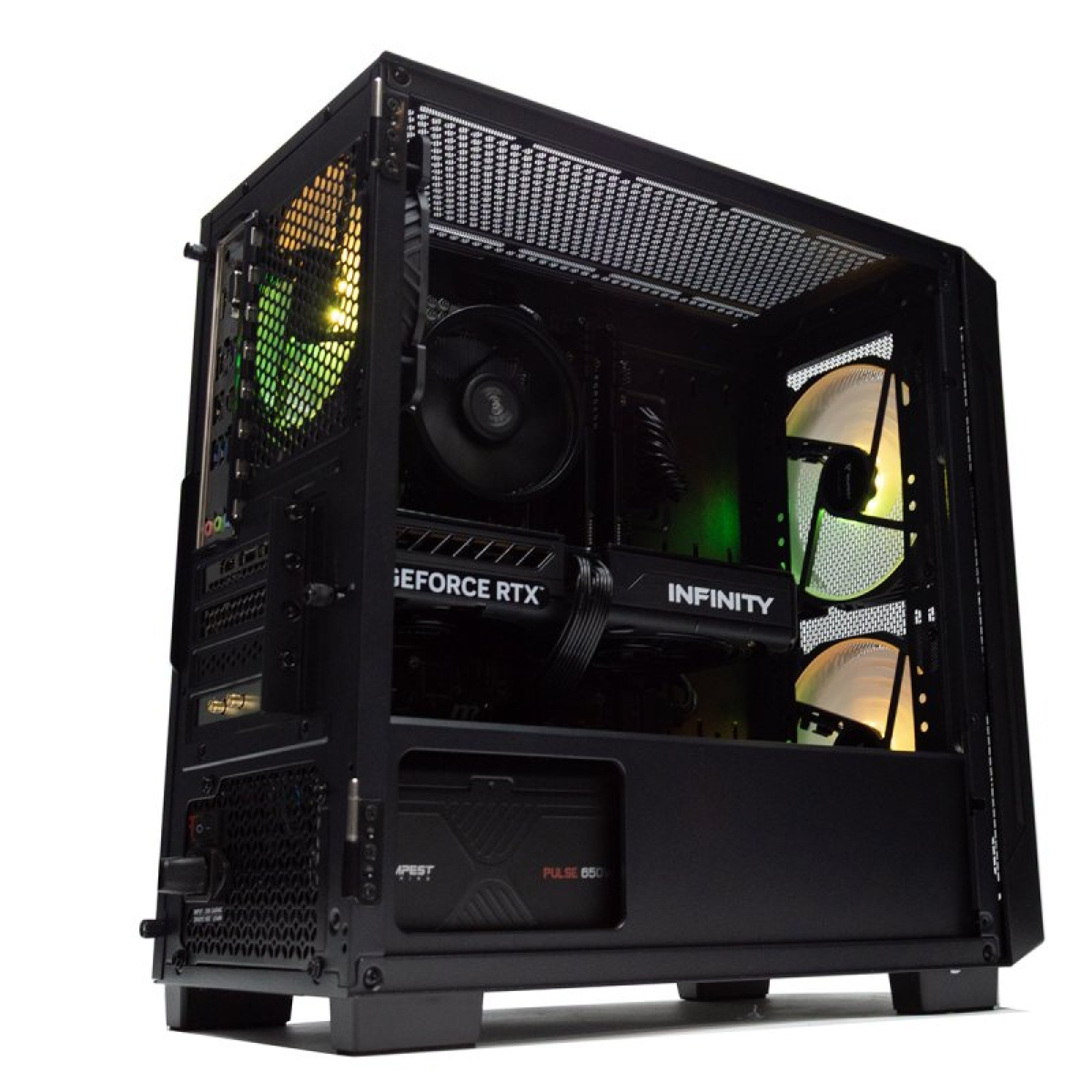 Case PC nero con ventole RGB e scheda grafica. Alimentatore in basso.