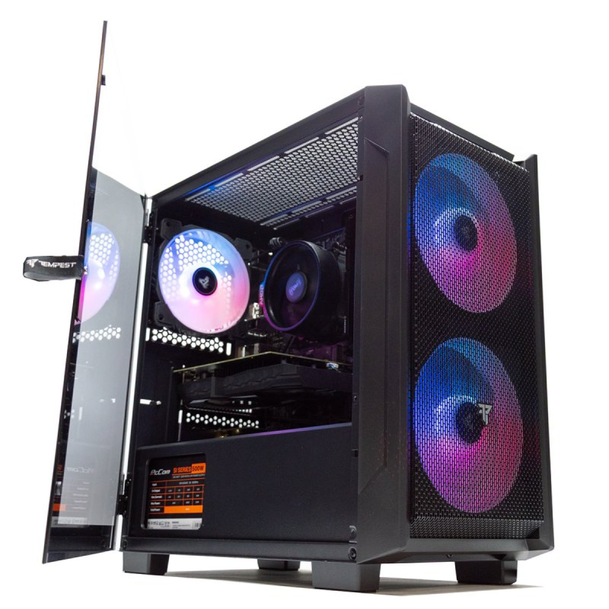 Un PC da gaming nero con la porta in vetro aperta, che mostra ventole illuminate.