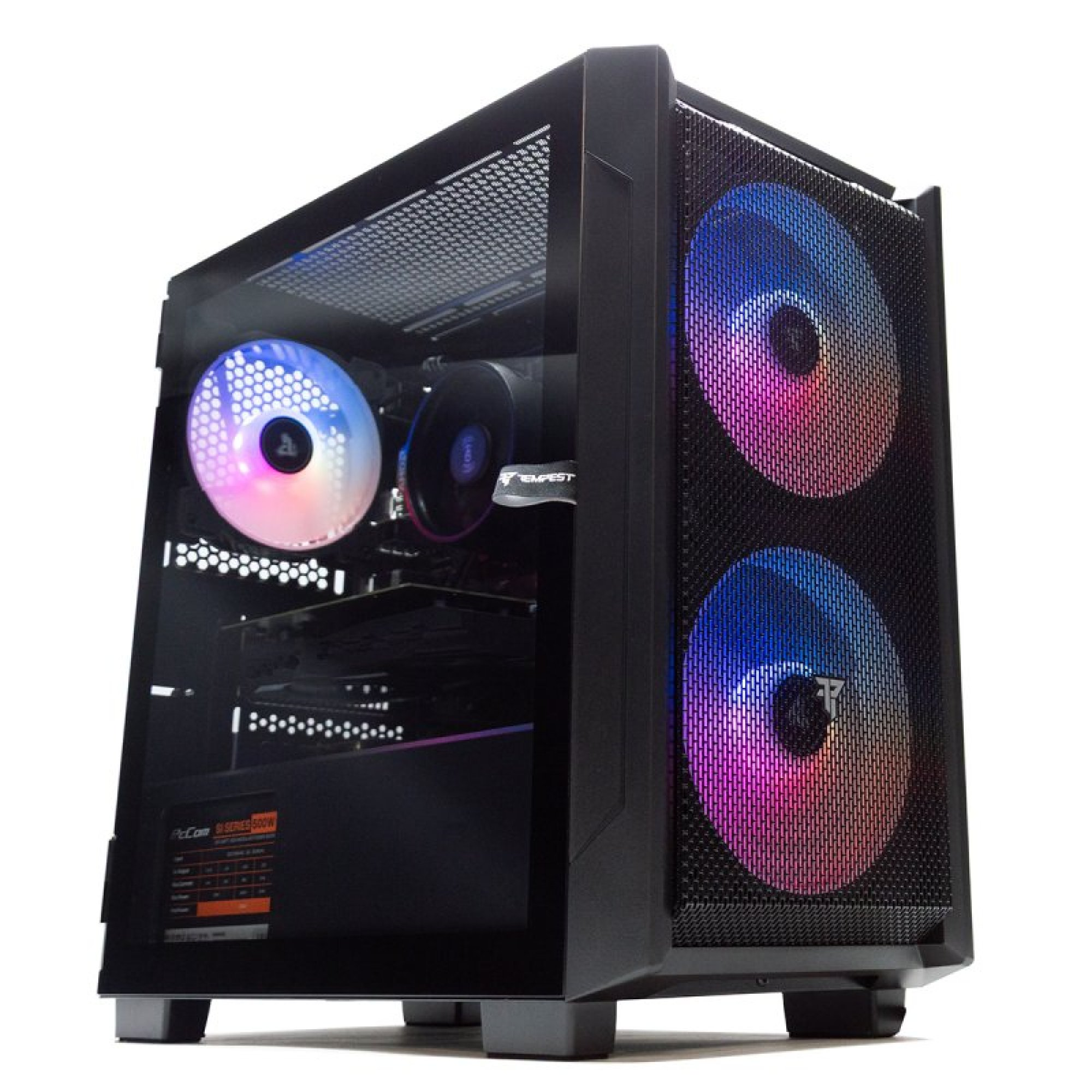 Una torre del computer nera con ventole RGB sul davanti e sul lato.