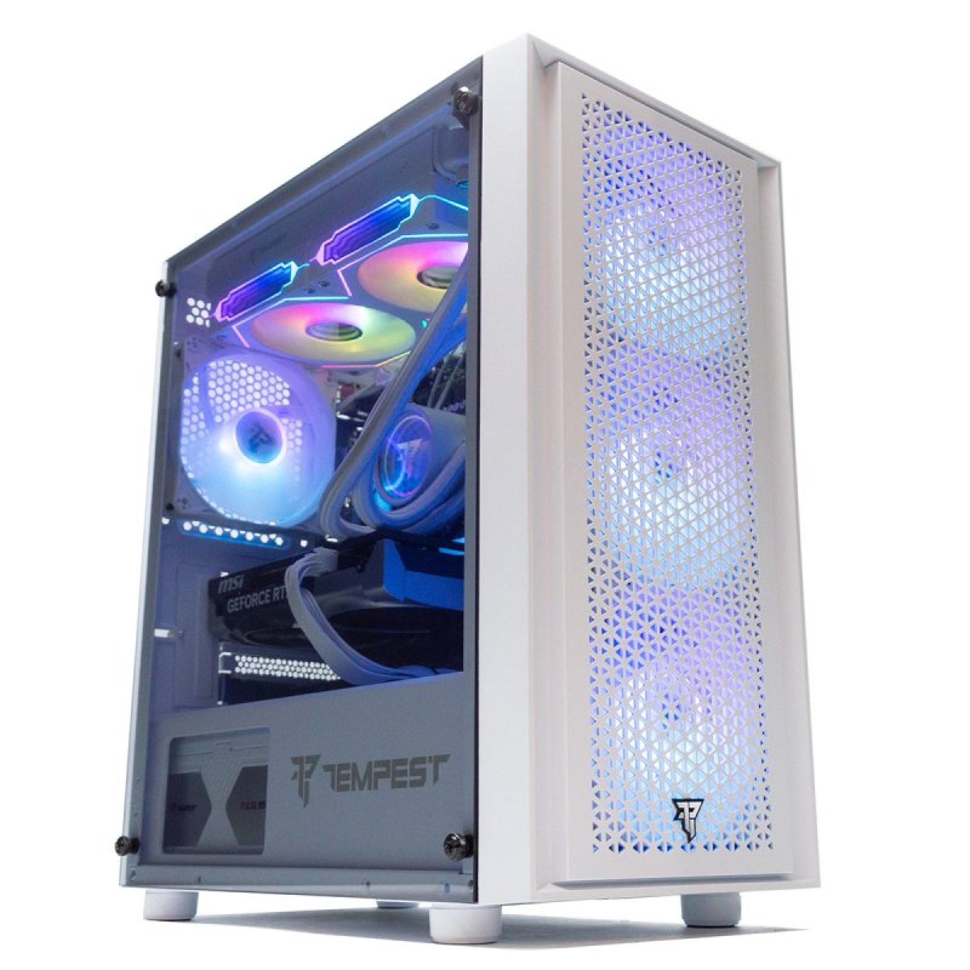 Una torre PC bianca con pannello laterale in vetro che mostra ventole RGB e componenti.