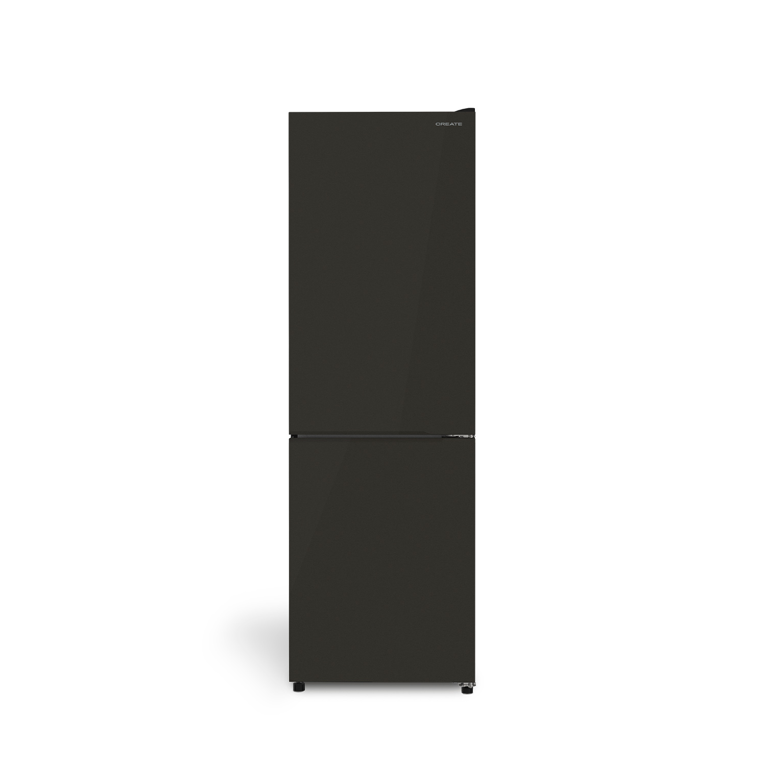 Un refrigerador elegante, gris oscuro, de dos puertas con el nombre de la marca CREATE arriba.