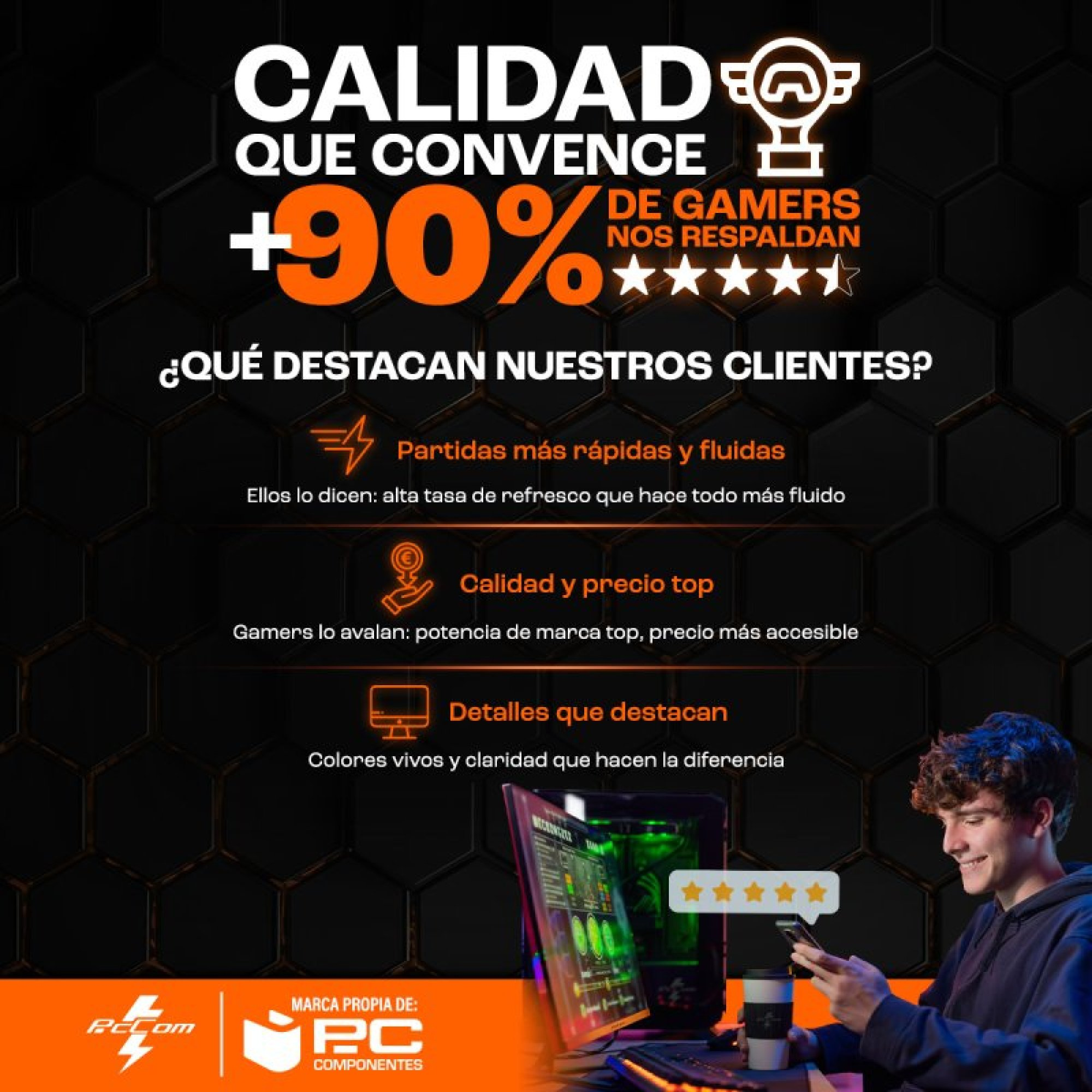 Un giovane con smartphone e tazza, PC da gaming sullo sfondo. Testo: Qualità.