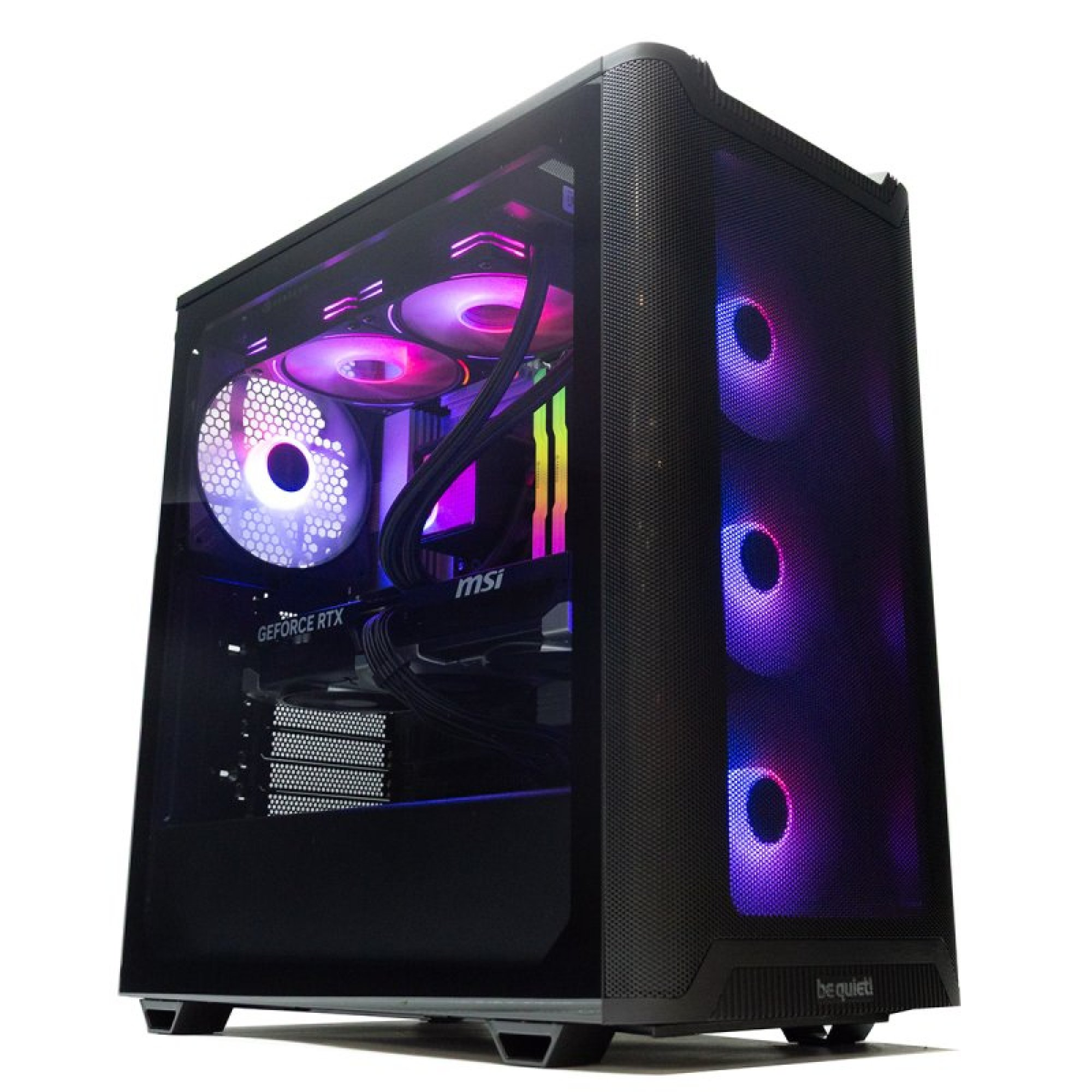 Un case del computer nero con illuminazione RGB e pannello laterale in vetro.