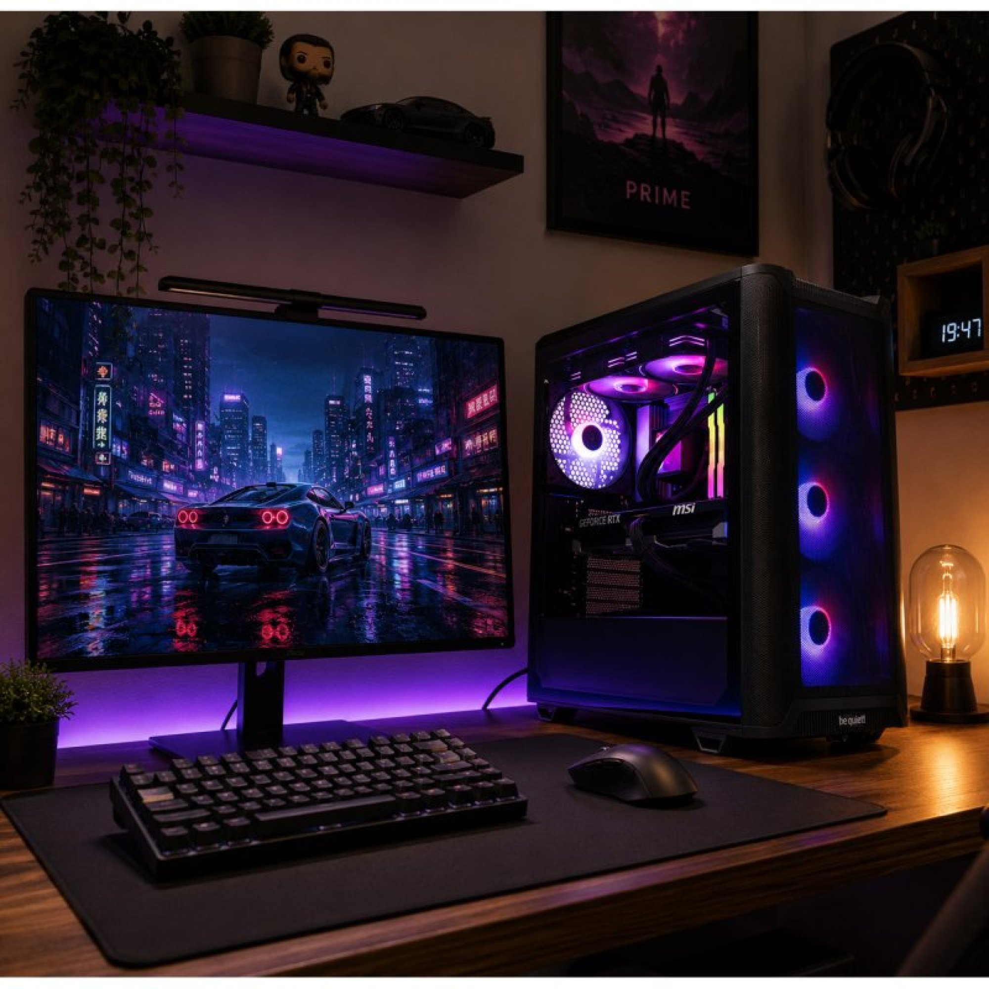 Un PC da gaming con illuminazione RGB accanto a un monitor che mostra un paesaggio urbano cyberpunk.