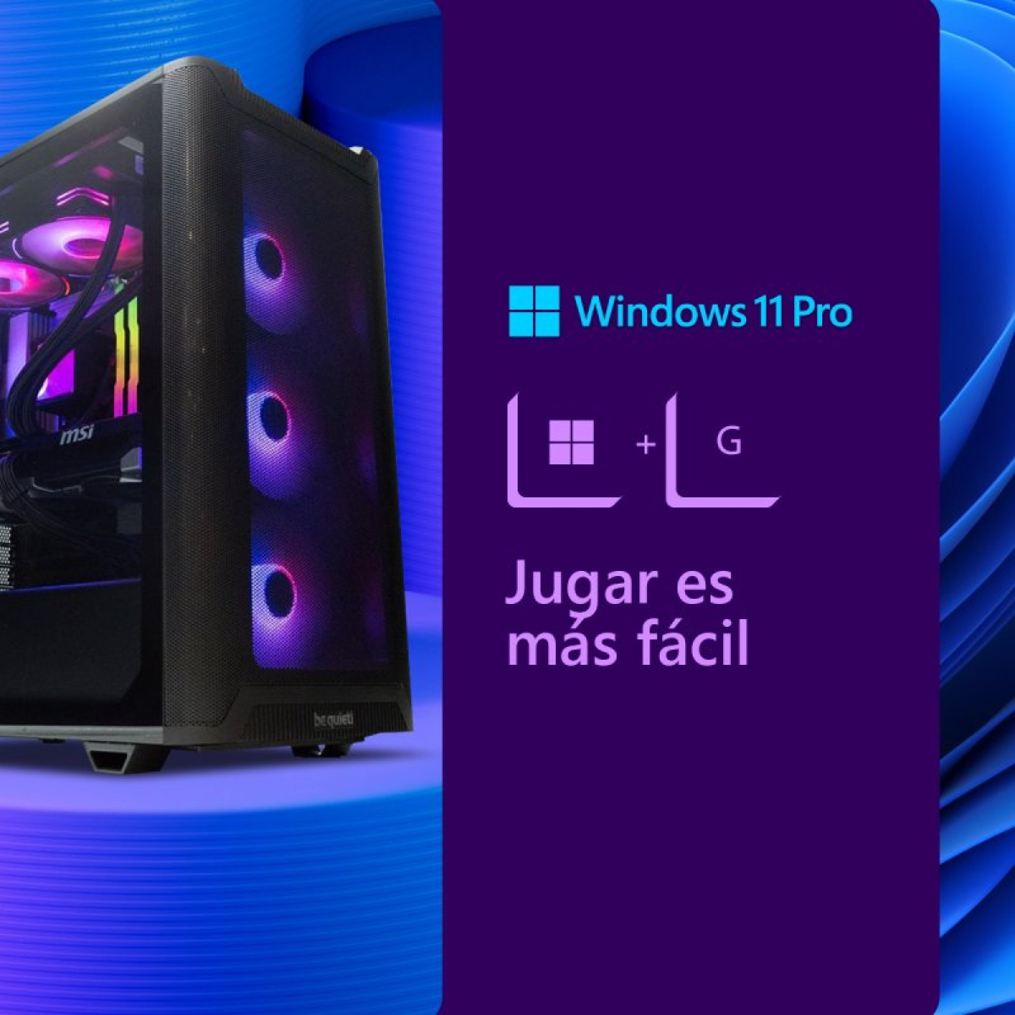 Un PC da gaming con illuminazione RGB accanto al logo di Windows 11 Pro.