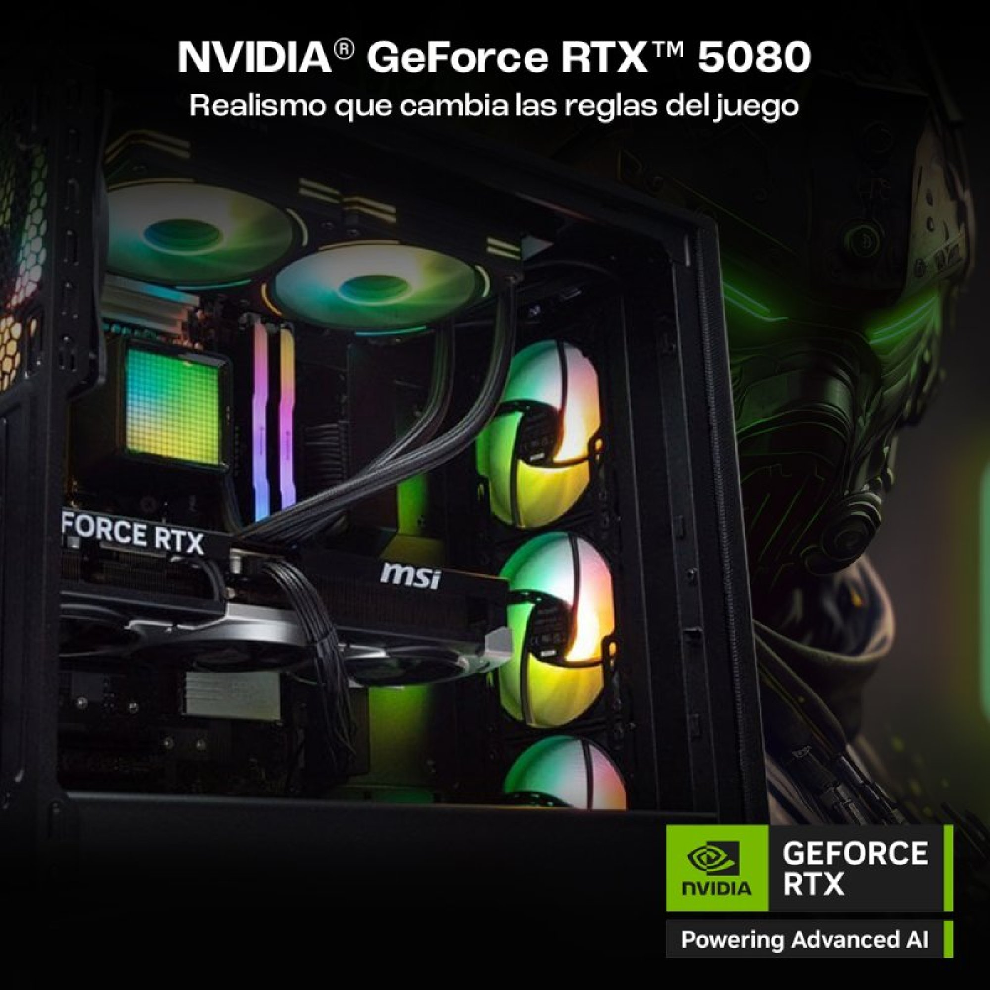 Un case per PC con ventole e componenti illuminati, NVIDIA RTX 5080.