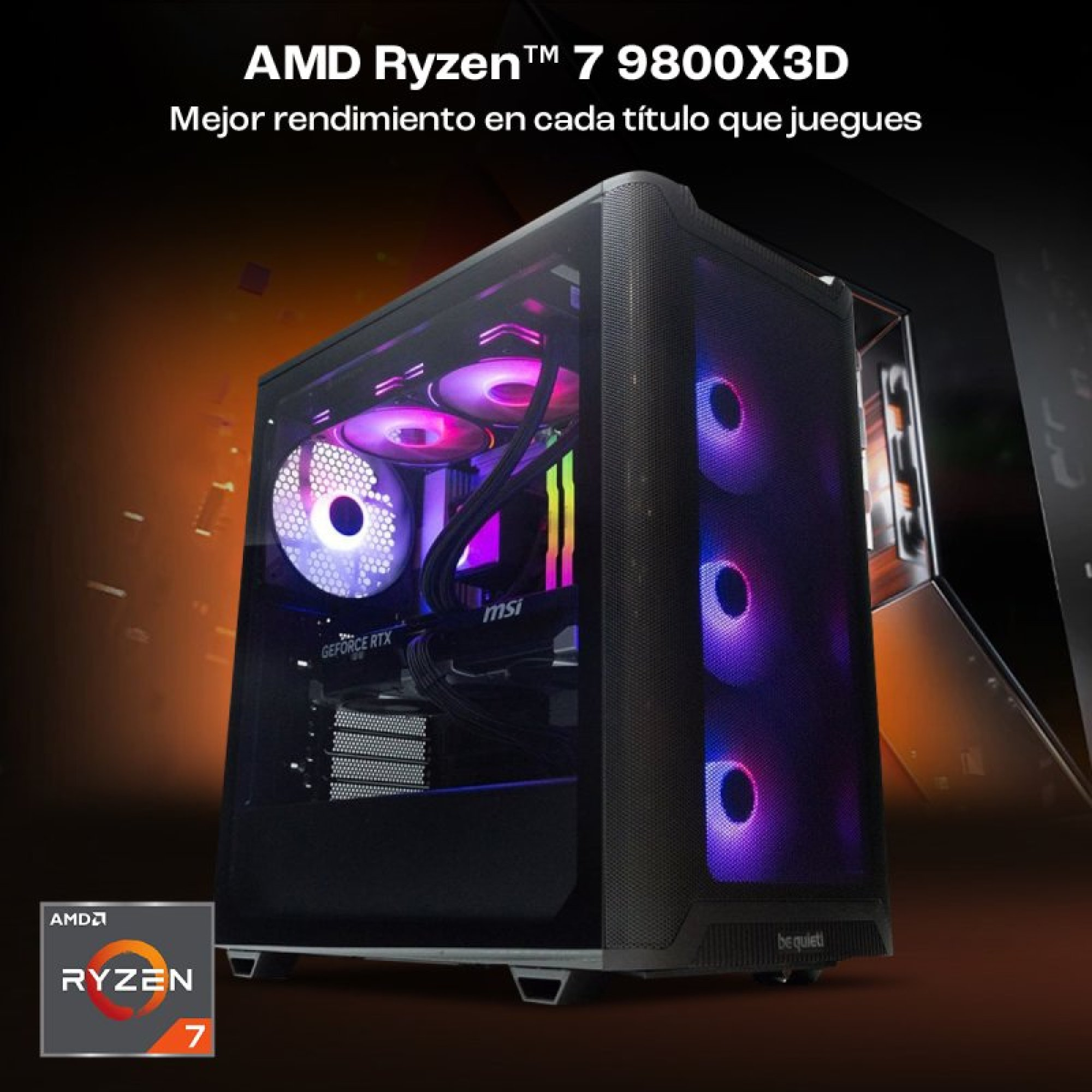 Un case PC con illuminazione RGB, logo AMD Ryzen 7 e pubblicità testuale.