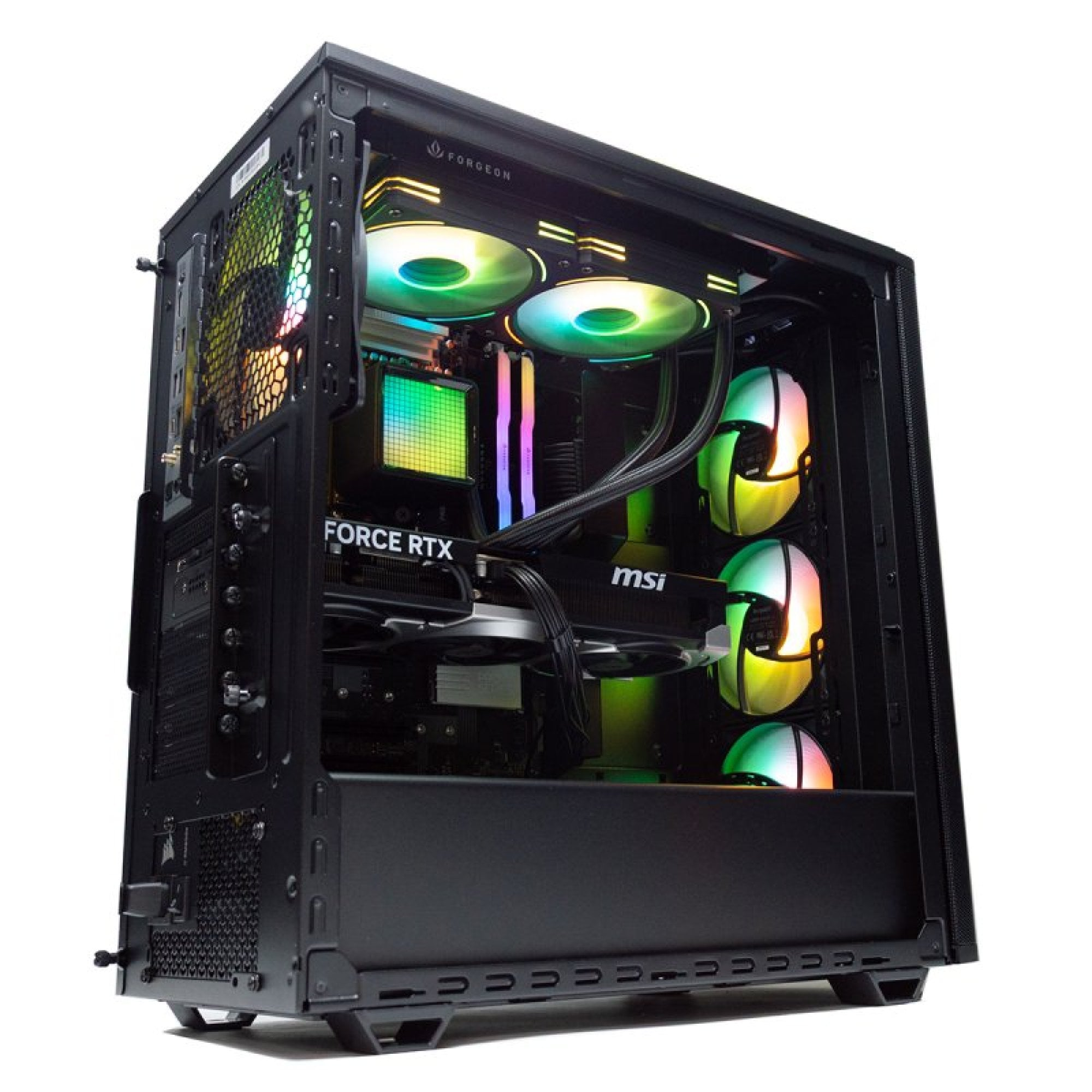 Un case PC nero con illuminazione RGB, che mostra i componenti interni.