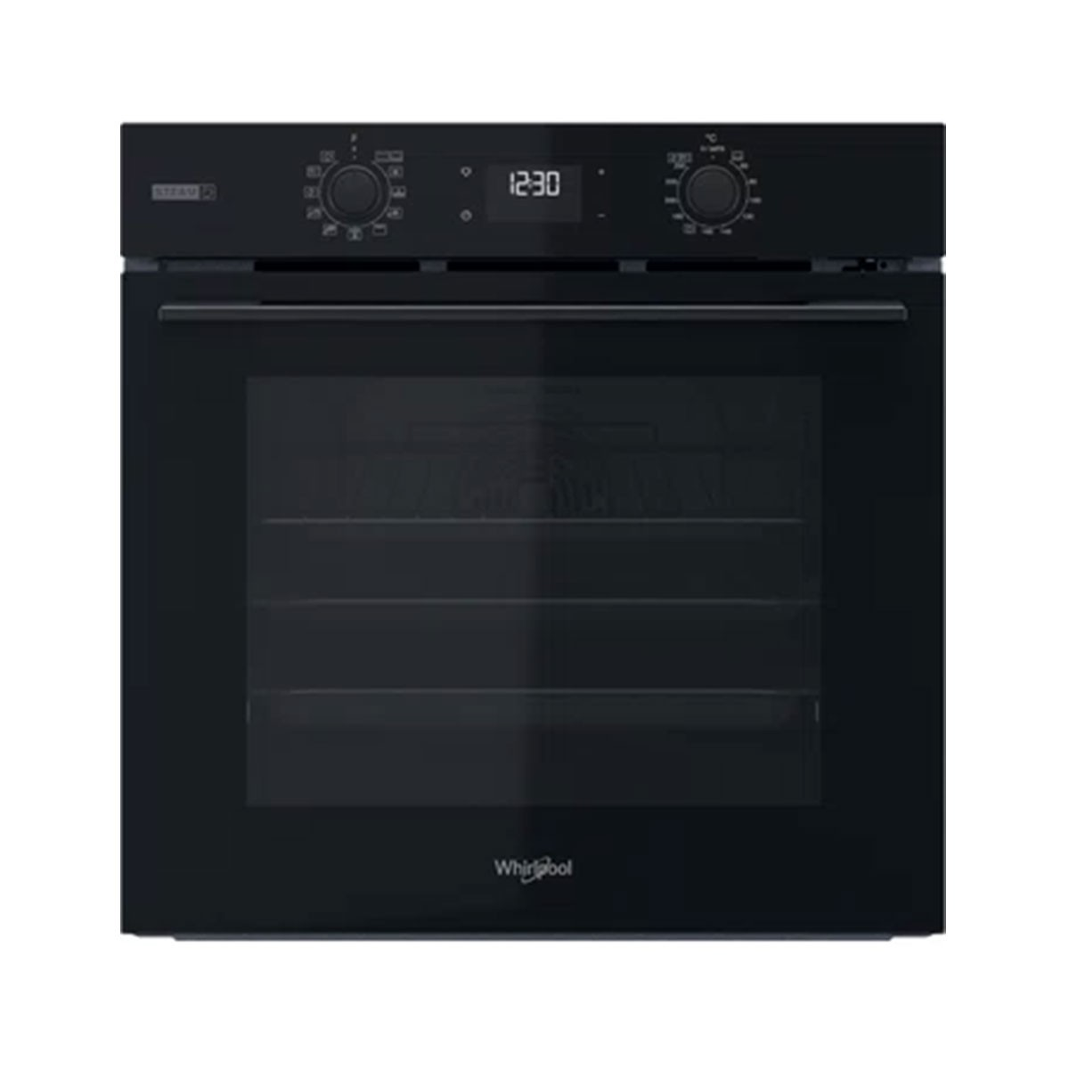 Un forno nero Whirlpool con display digitale (12:30), due manopole e porta in vetro.