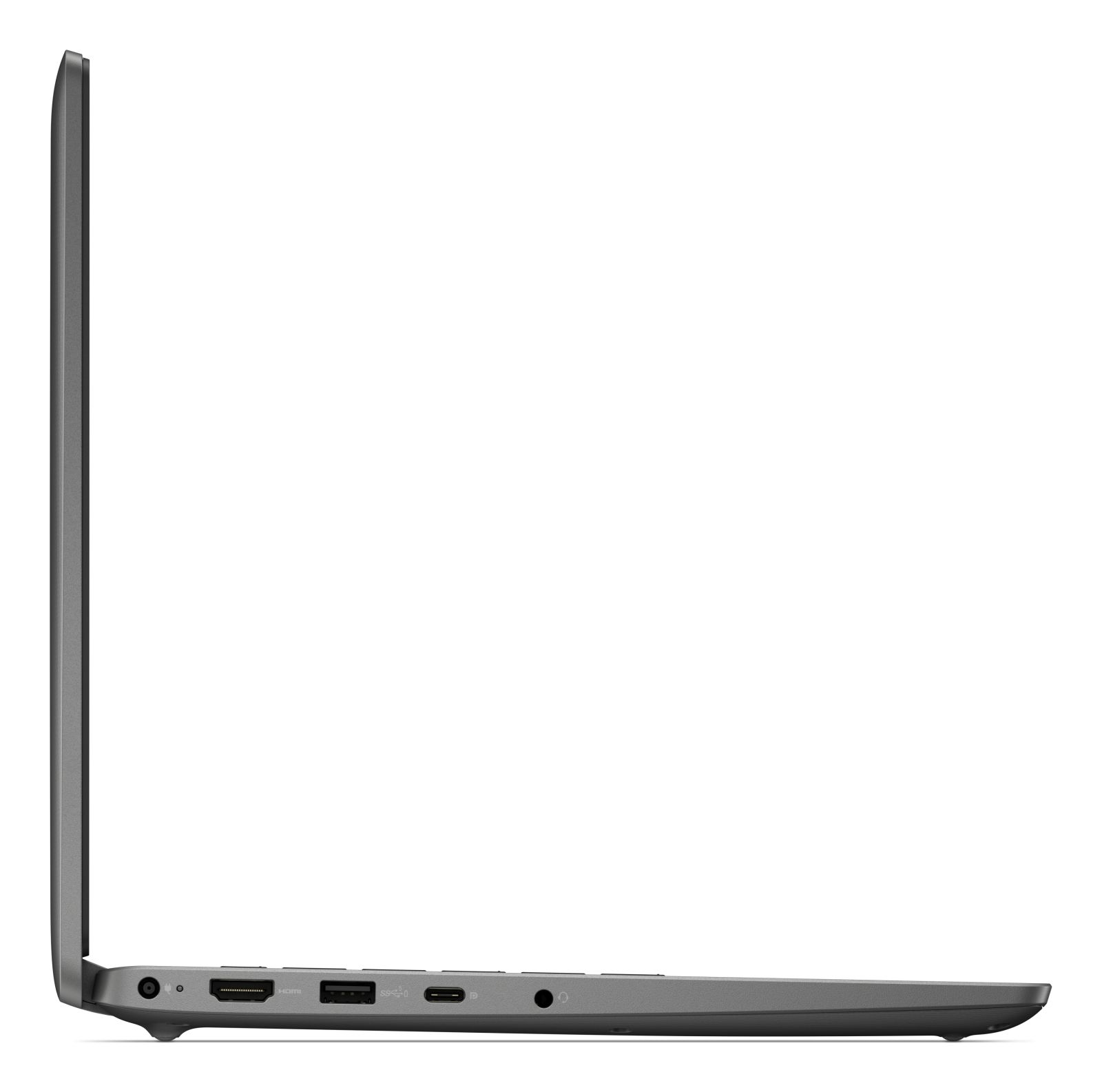 Área de puertos de laptop gris con HDMI, USB-A, USB-C y ranura para tarjeta SD.