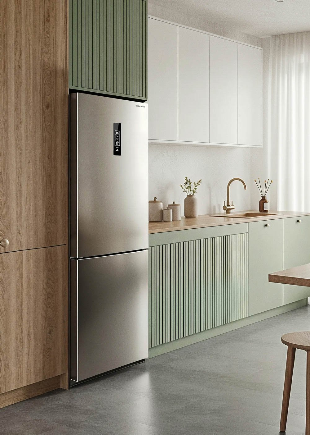 Un refrigerador plateado junto a gabinetes de madera en una cocina moderna.