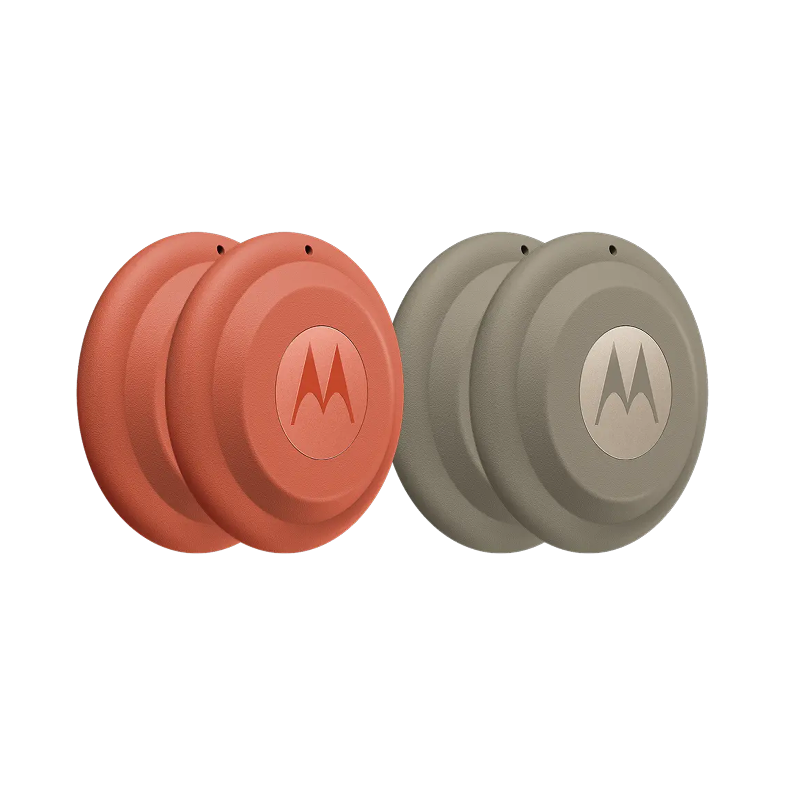 Zwei orangefarbene und zwei graue Motorola-Tracker nebeneinander auf schwarzem Hintergrund.