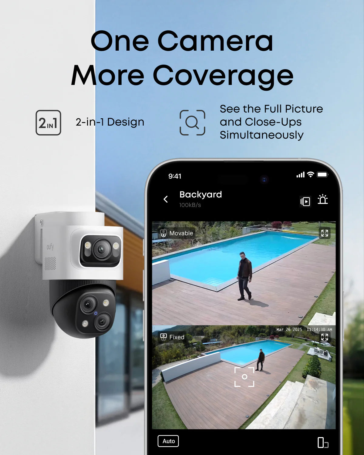 Telecamera Eufy 2-in-1 mostra piscina e uomo su app per telefono.