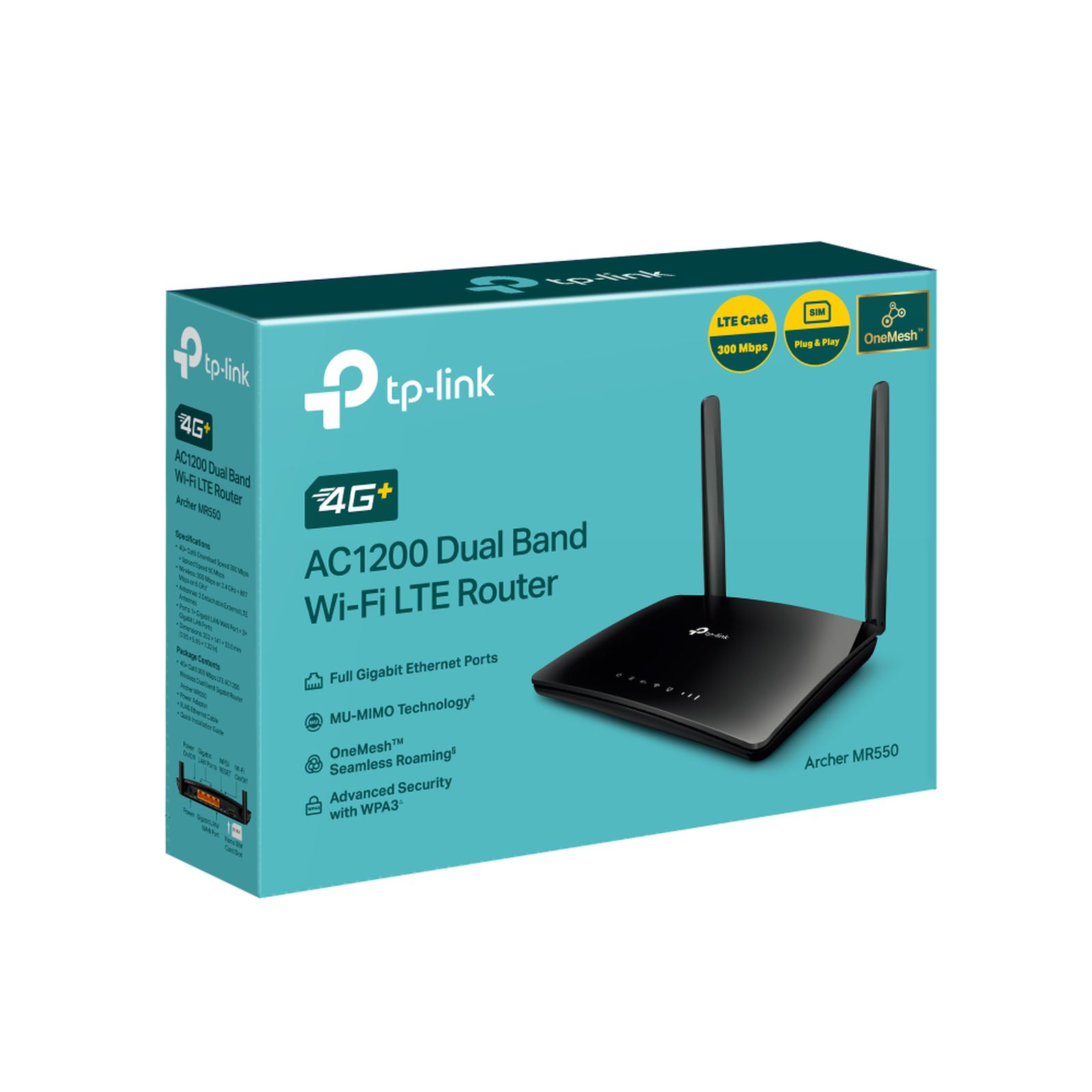 Un router Wi-Fi LTE 4G+ TP-Link Archer MR550 negro con antenas sobre su embalaje.