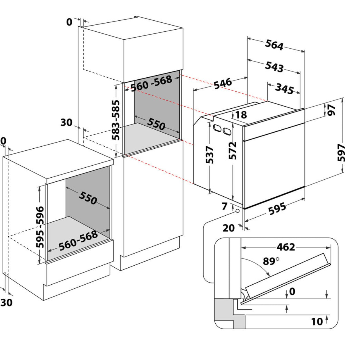 Disegno tecnico di forni da incasso con dimensioni.