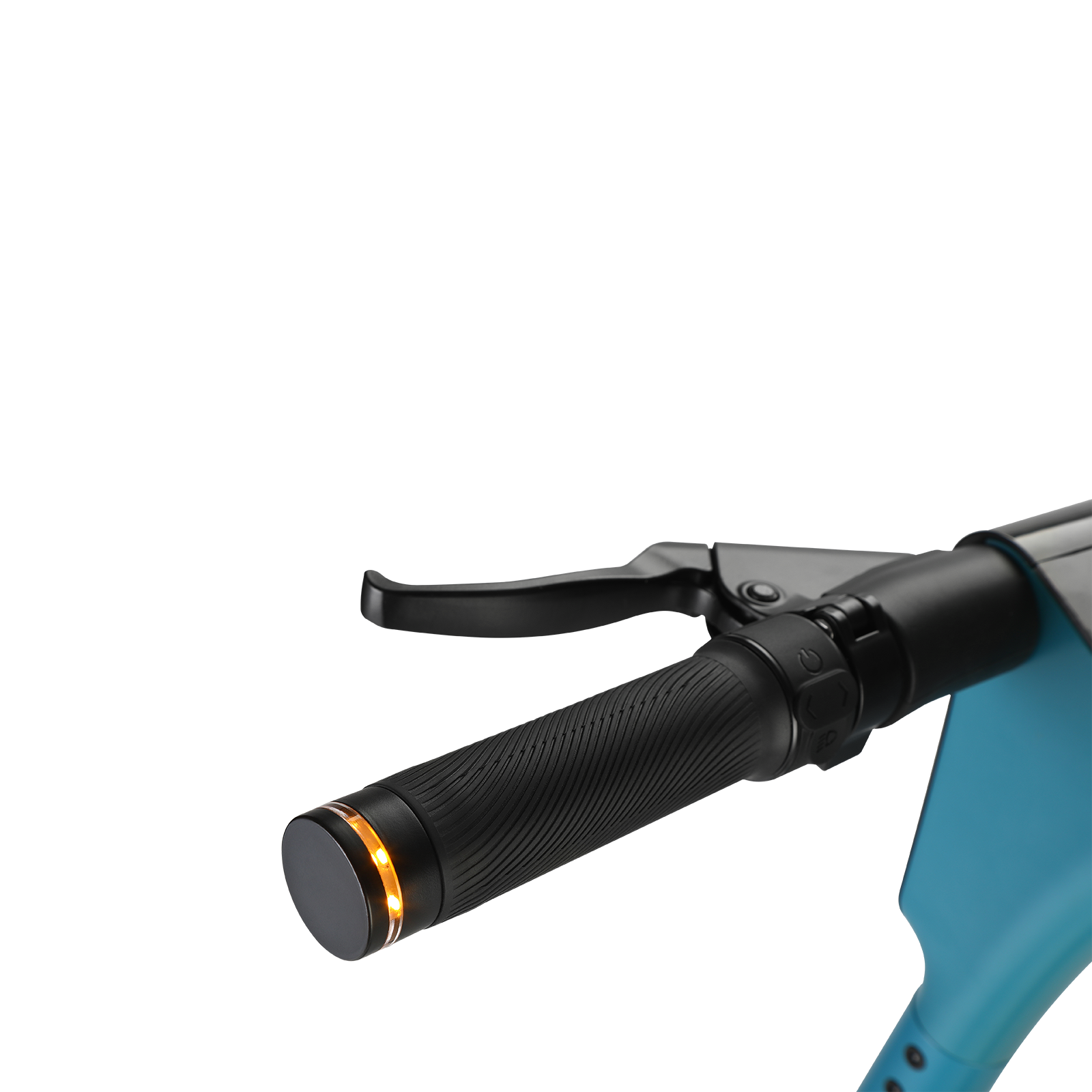 Nahaufnahme des Lenkers eines blauen Elektrorollers mit Griffen und Bremsen.