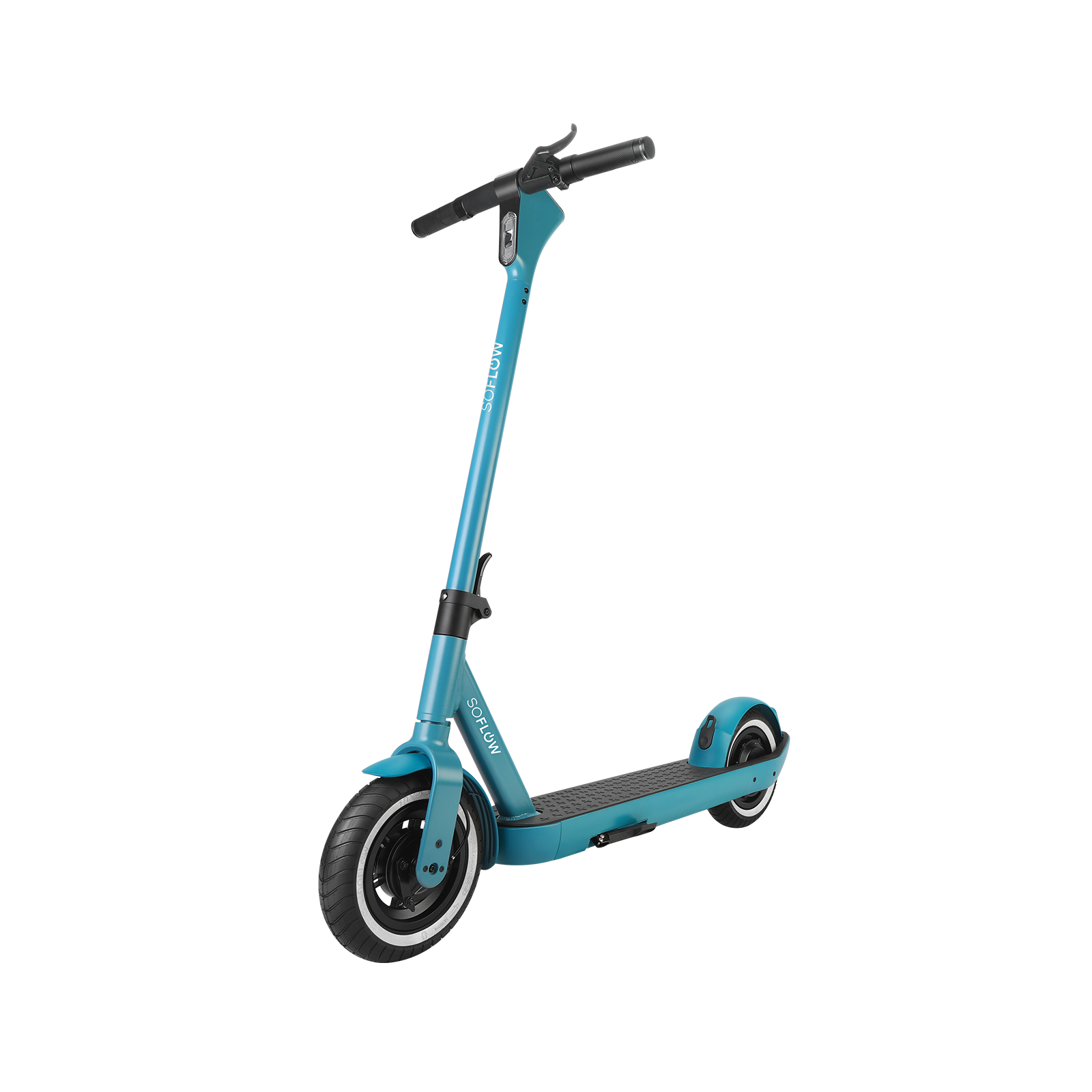 Un scooter électrique bleu sarcelle avec guidon et roues noirs, vu de côté.