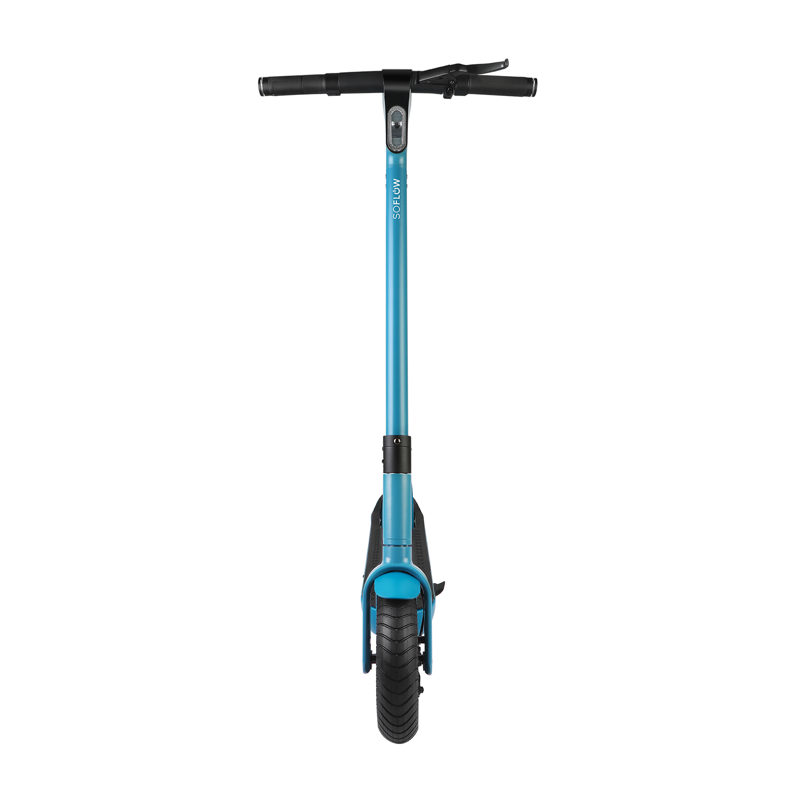 Vue avant d'un scooter électrique bleu avec guidon et pneu noirs.