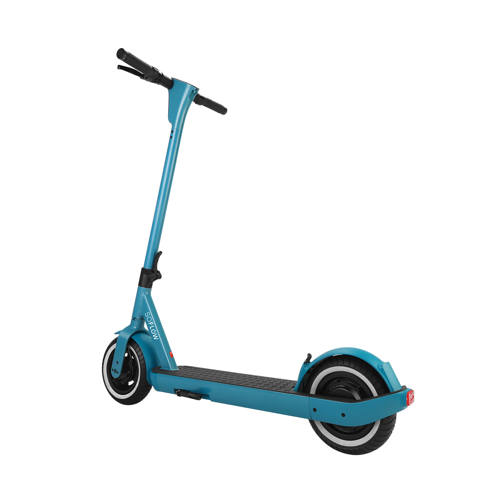 Un scooter électrique bleu sarcelle avec guidon et pneus noirs.