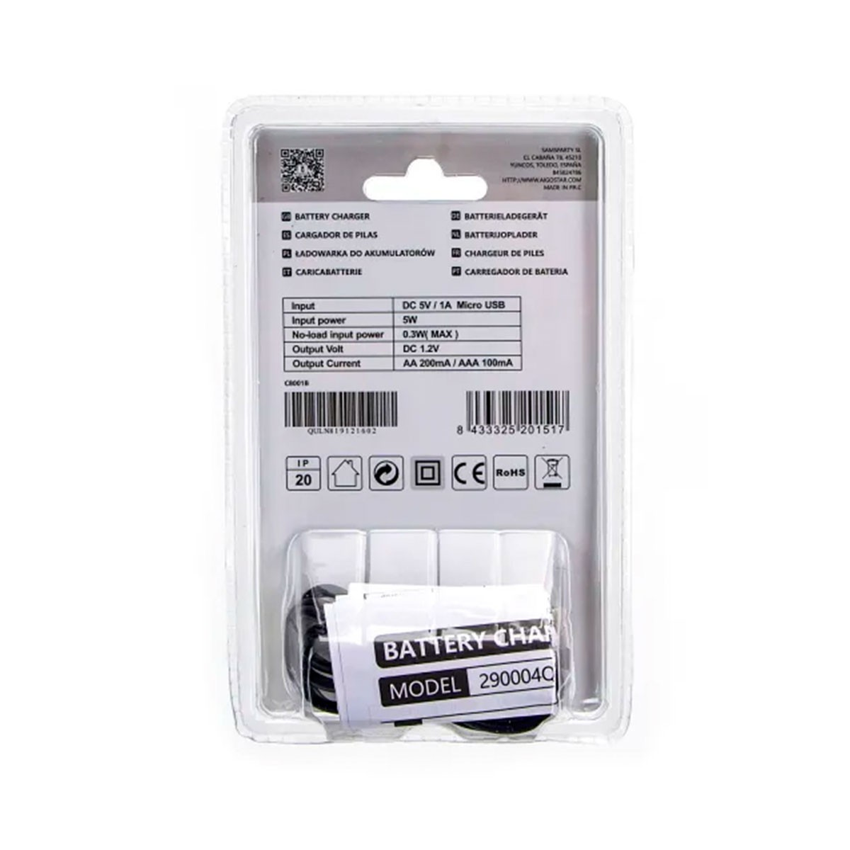 Caricabatterie con specifiche e accessori in blister.