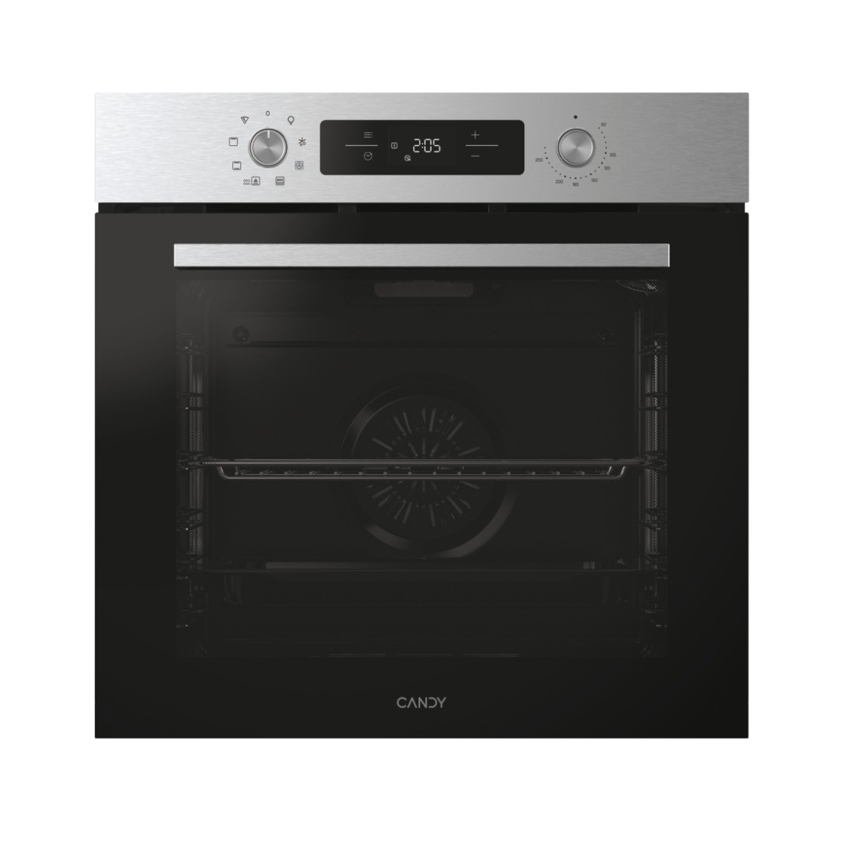 Forno da incasso moderno in acciaio inox e vetro nero con display digitale e manopola.