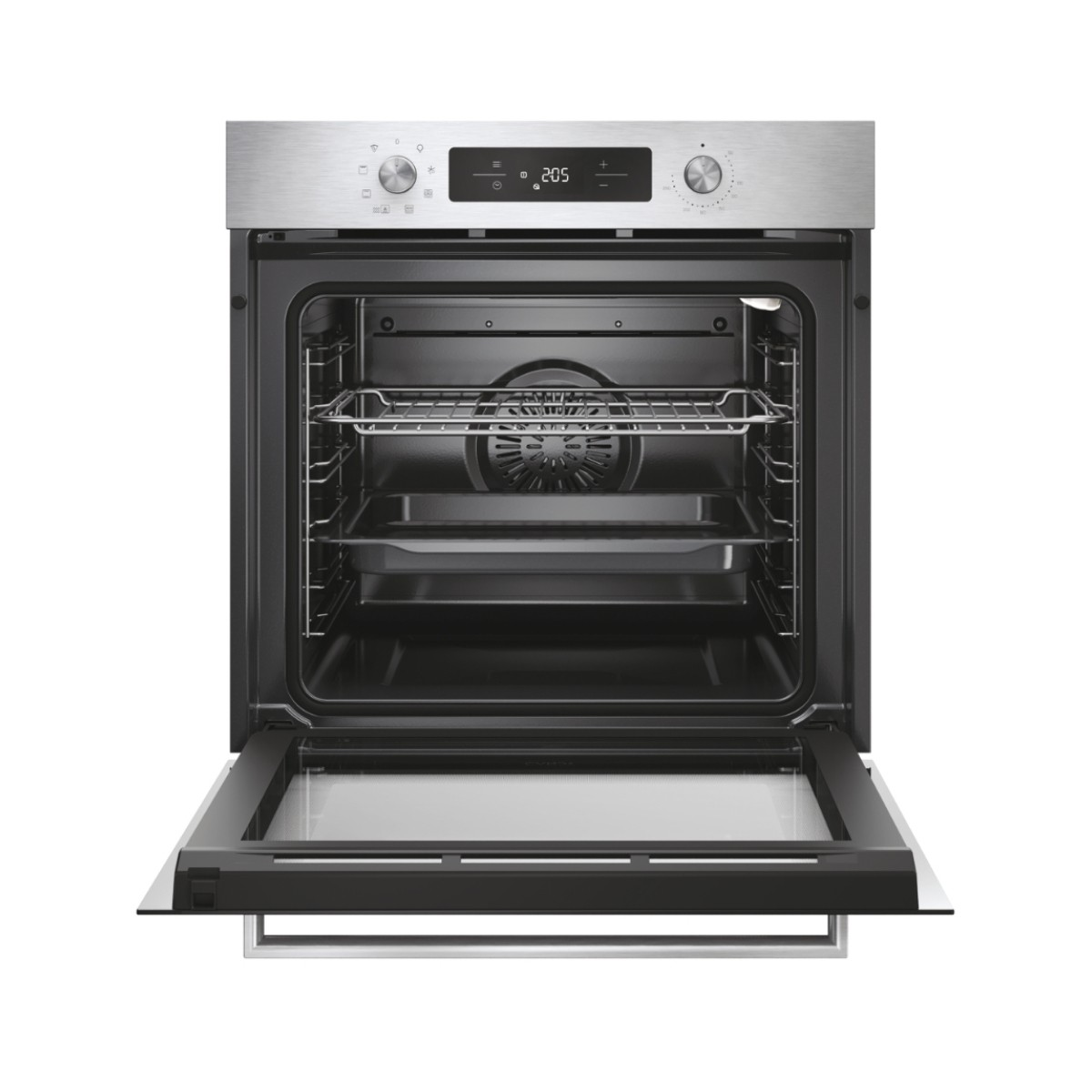 Un forno da incasso aperto in acciaio inossidabile con controlli argentati e display digitale.