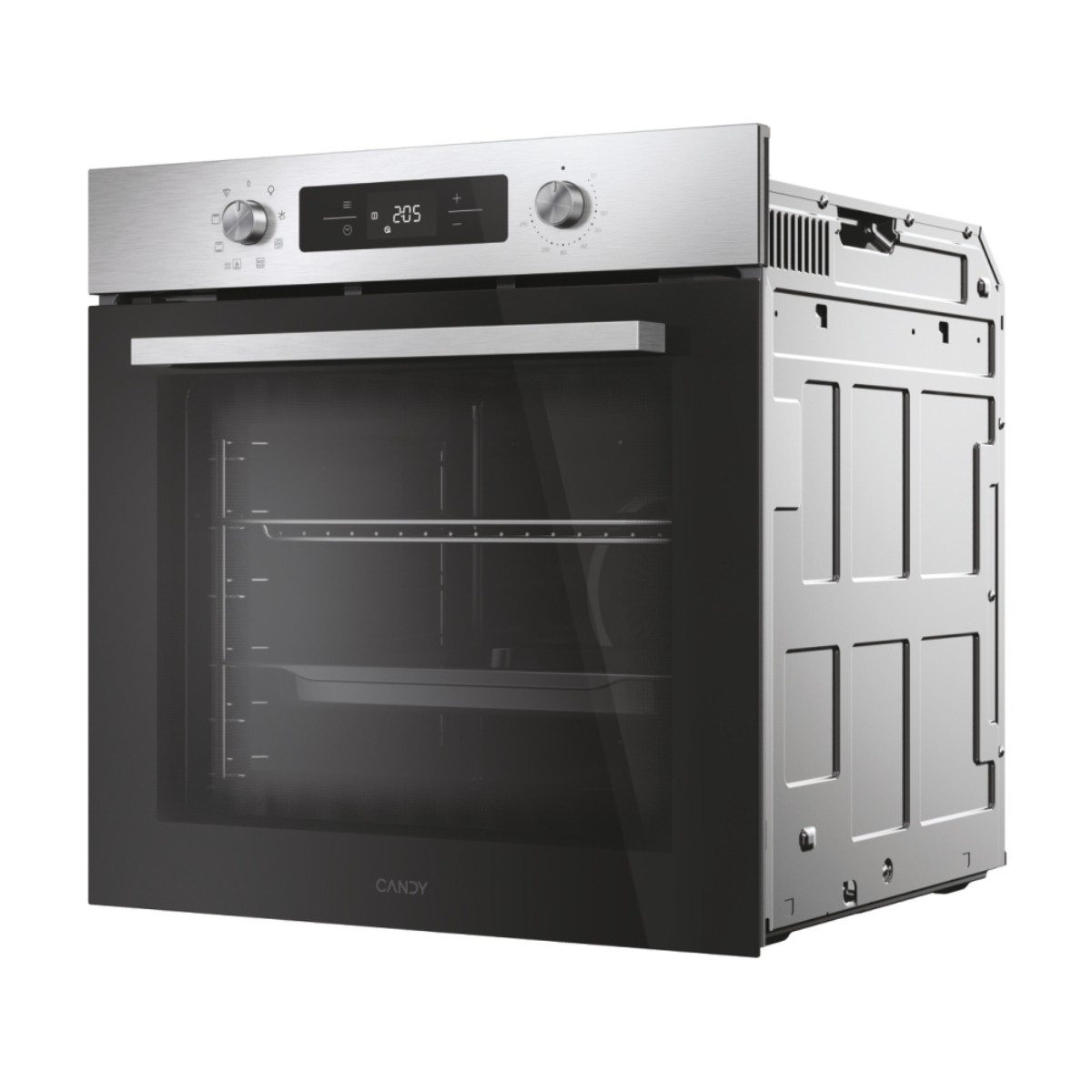 Un forno da incasso moderno con porta in vetro nero, dettagli in acciaio inox e display digitale.