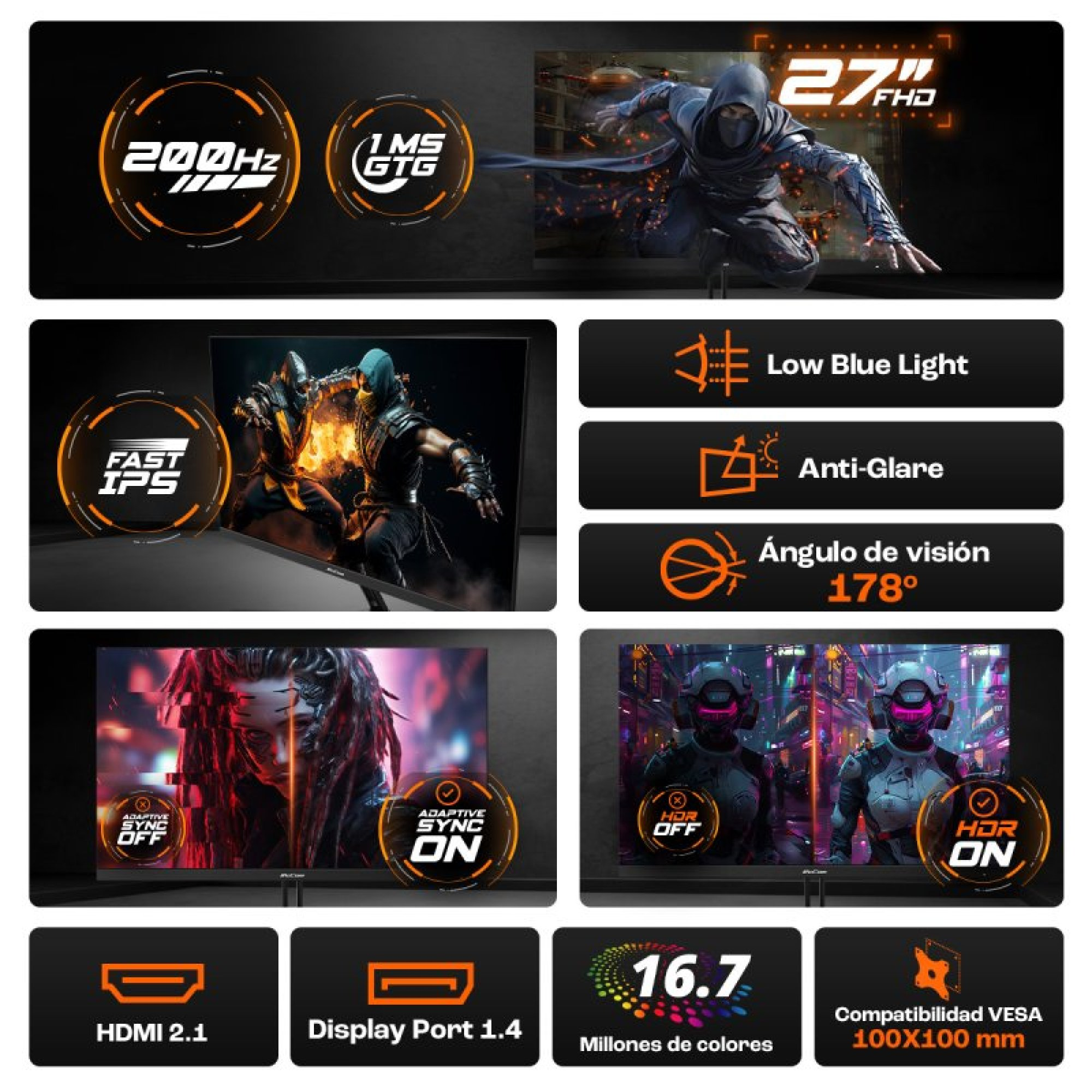 Monitor Gaming 27" FHD 200Hz, 1ms, Fast IPS, Low Blue Light, Anti-Glare, visione 178°.