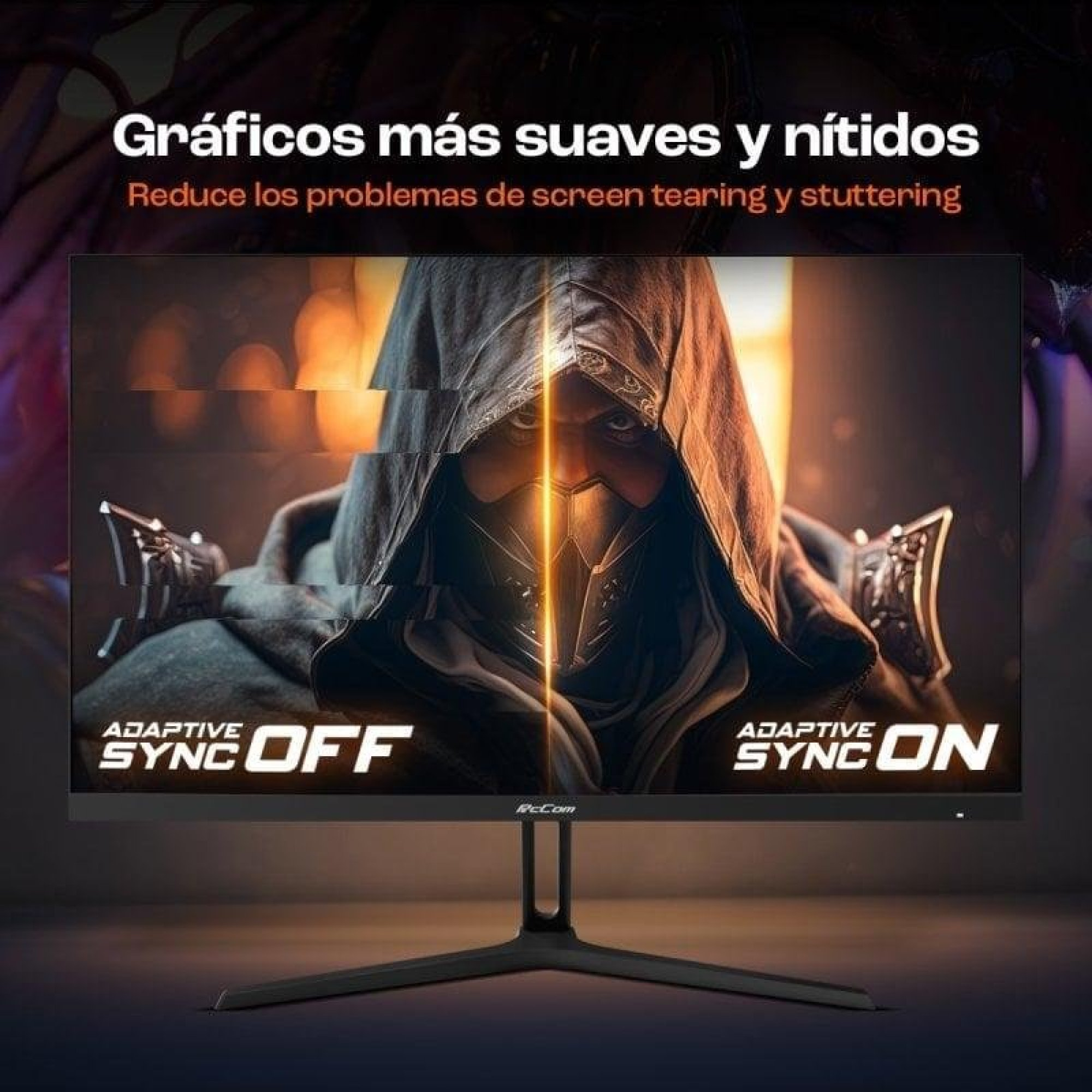 Un monitor che mostra un uomo con cappuccio, con Sync Off e Sync On.