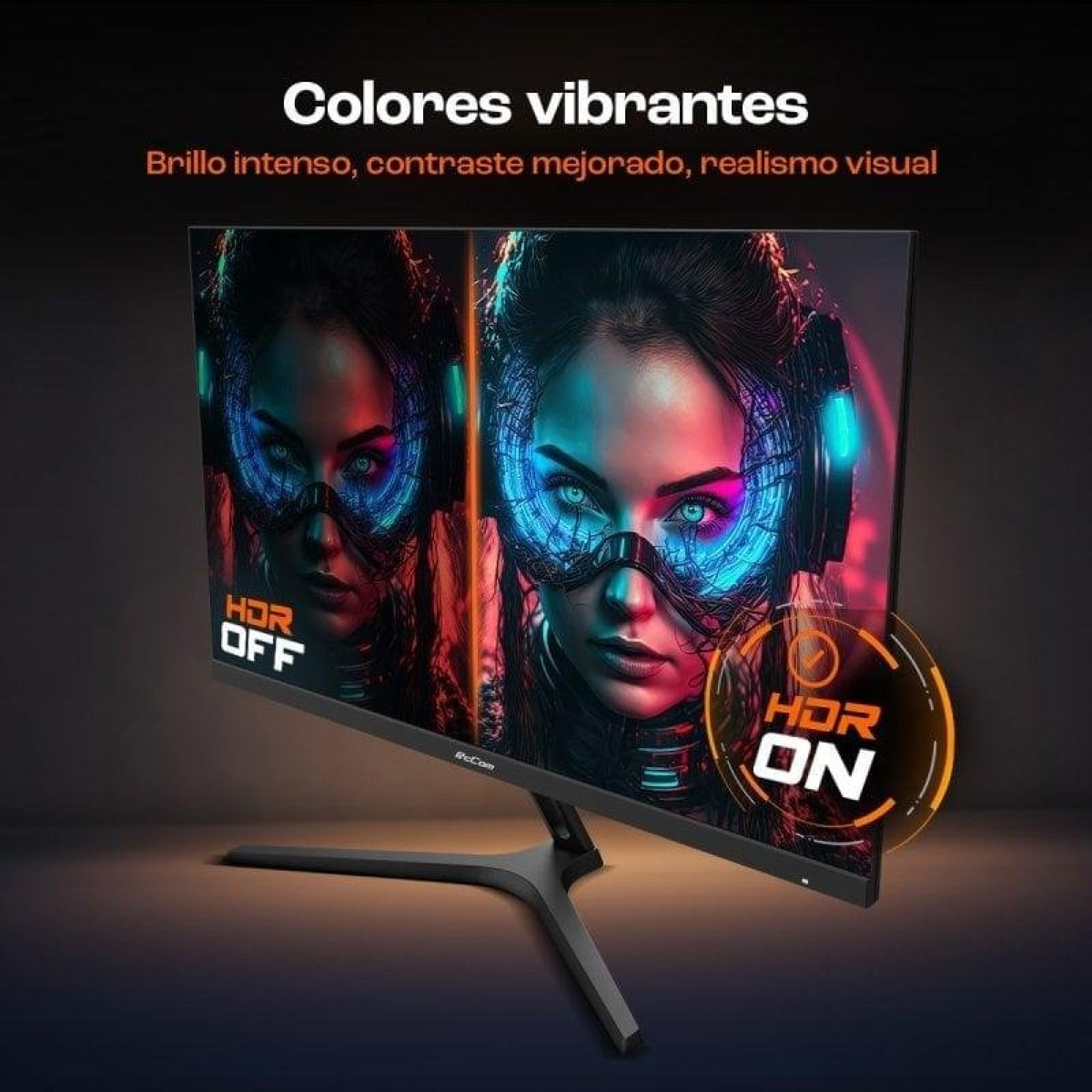 Un monitor mostra il ritratto di una donna con luci blu e rosse. HDR è ACCESO e SPENTO.